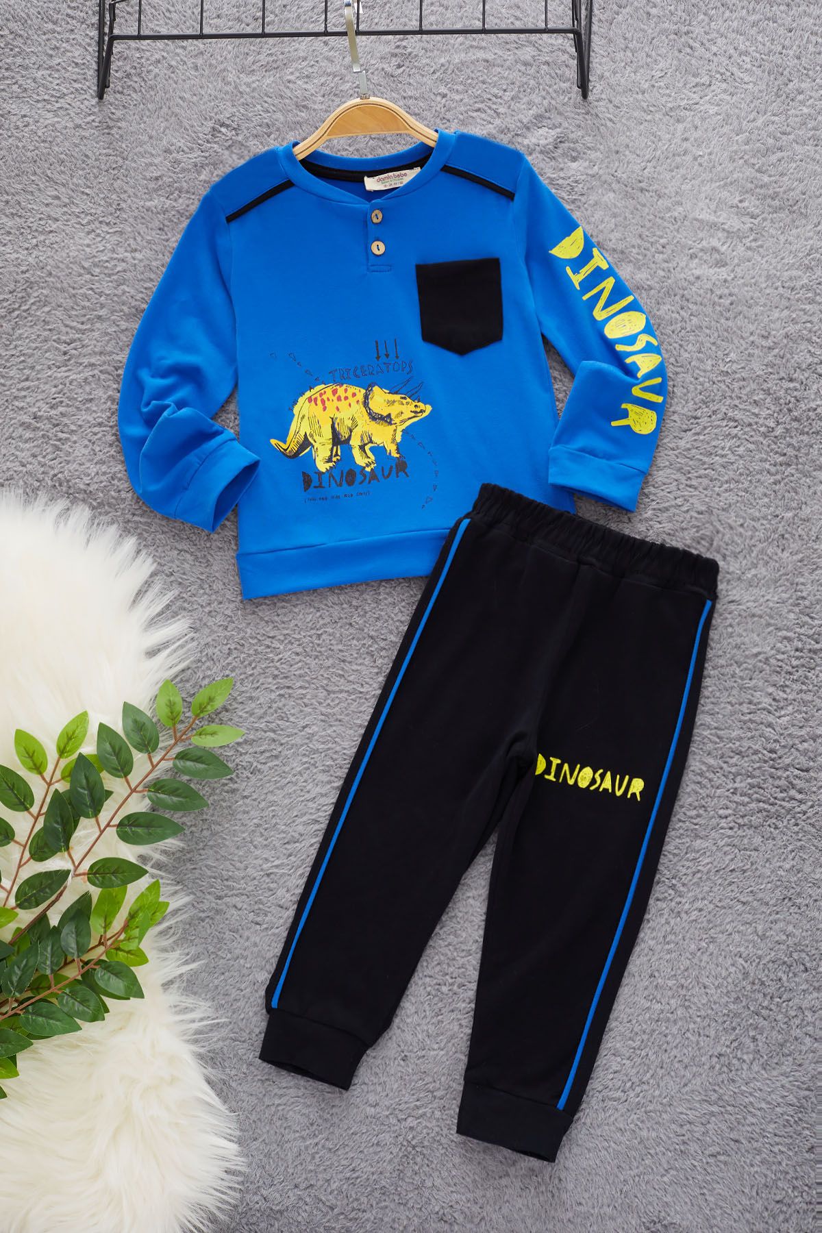 Cans n Mini Blue Dinosaur Printed Baby Boy Tracksuit Set with