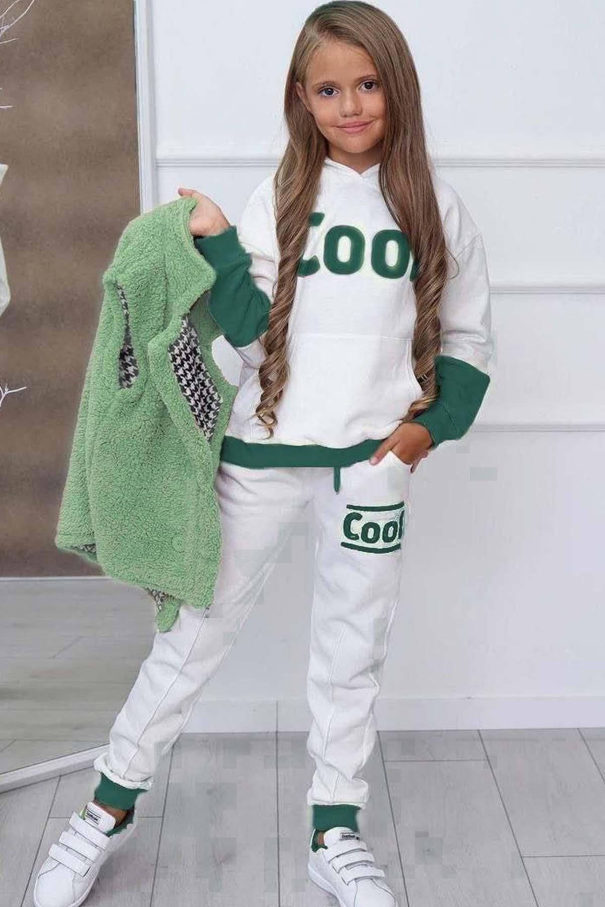 - Plüschweste Mädchen und bedrucktes für Riccotarz Kapuzen-Sweatshirt mit grüner Trainingsanzug Cooles Trendyol
