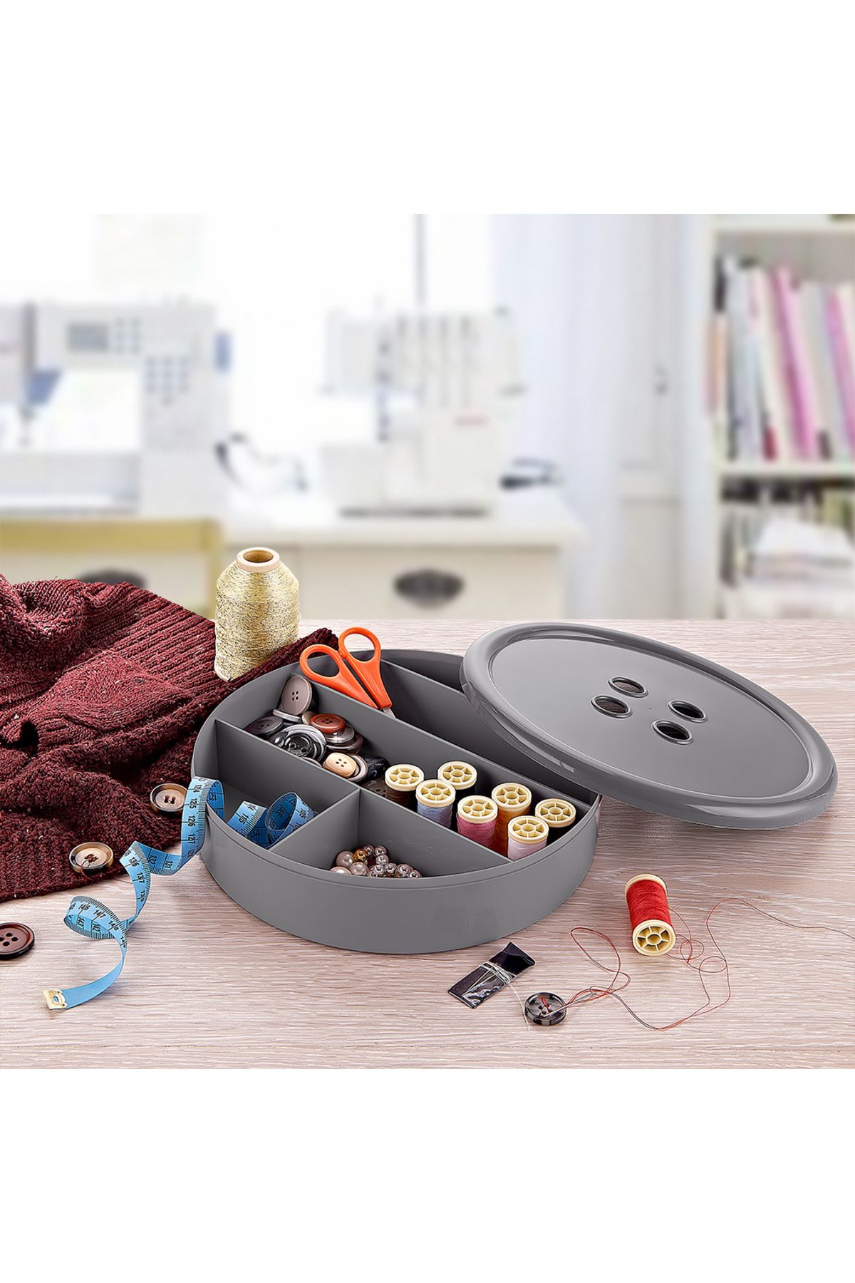 QLUX IDEAS-Button Designed 5 Compartment Sewing Box with Lid Button Needle Thread Storage Container 1