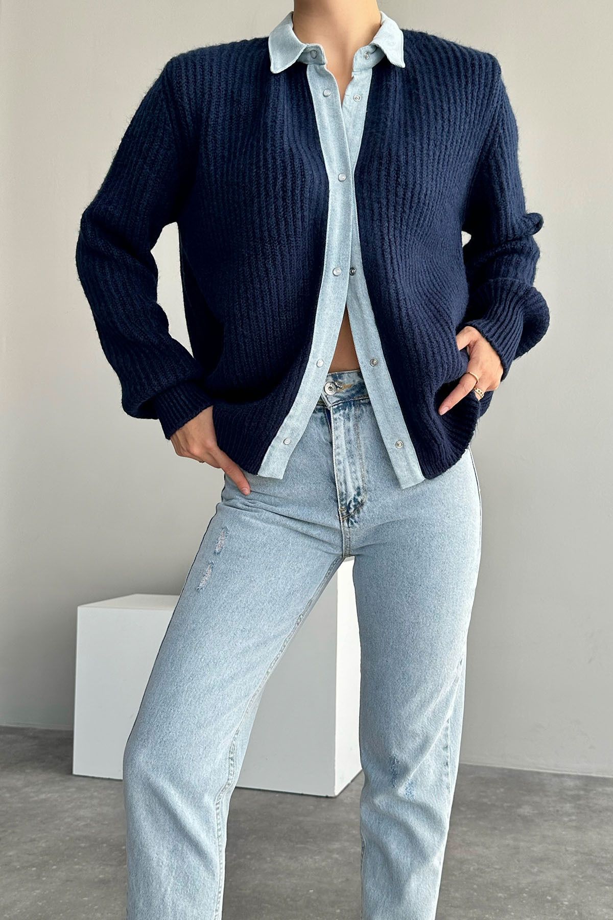 Denim blue cardigan womens 2025