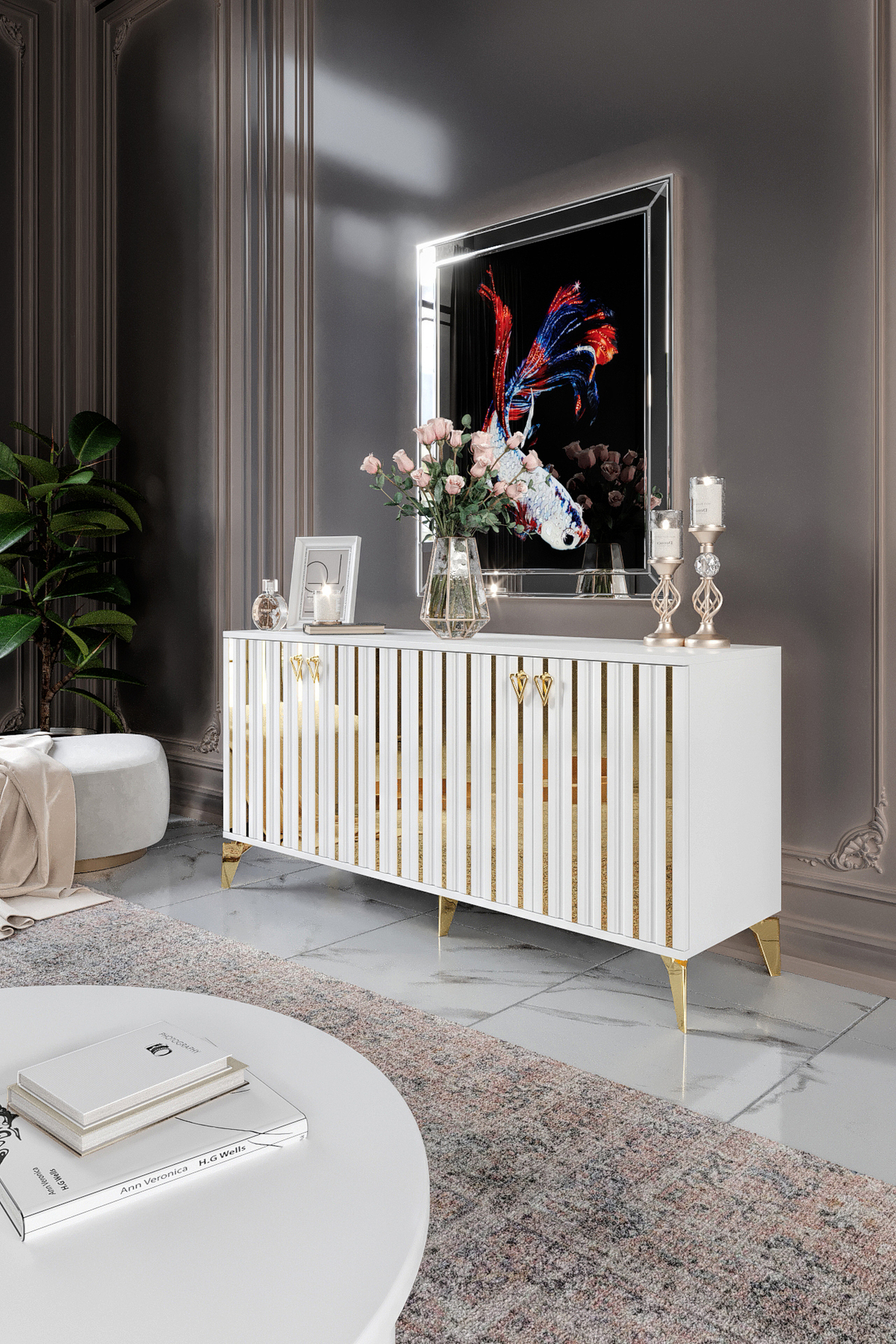 Dubai Console Mdf Membrane Cover White Gold