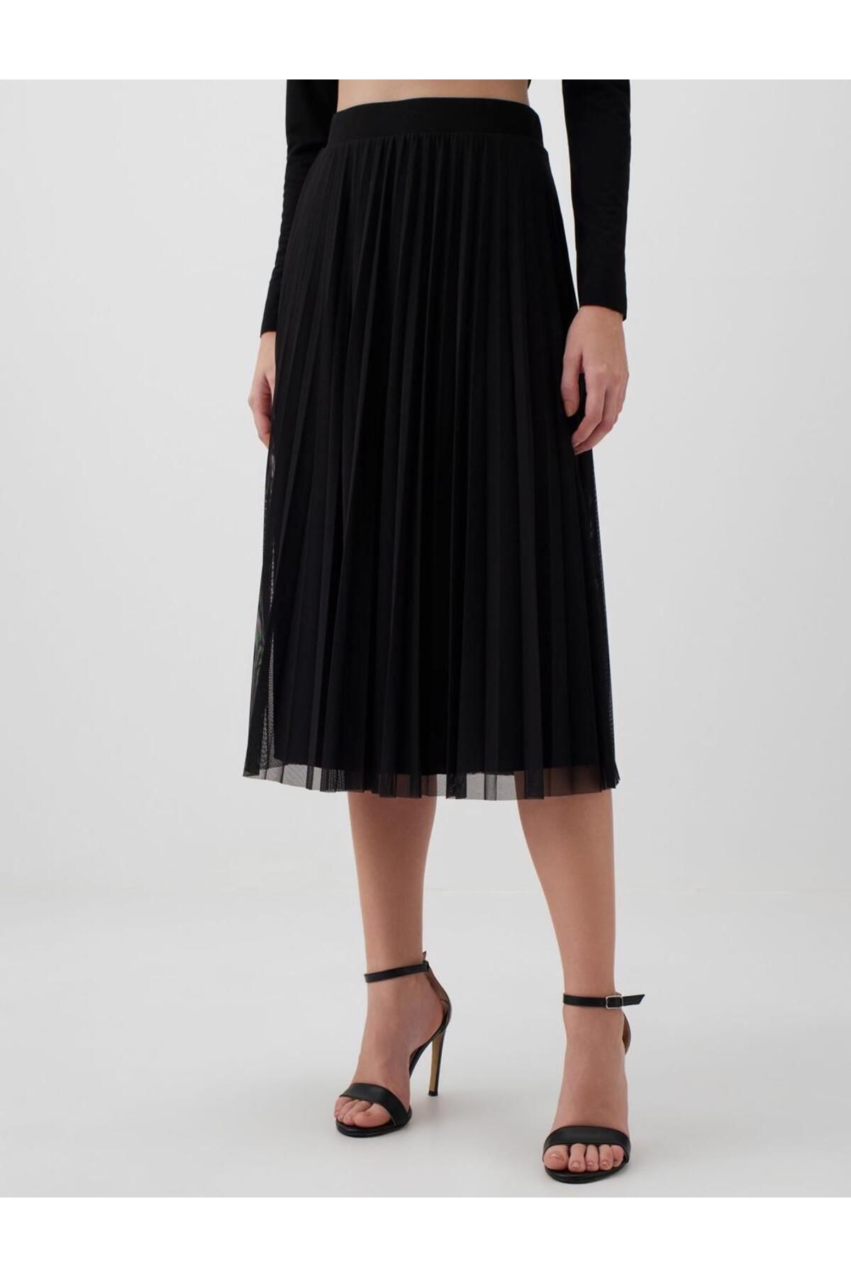 Black mesh outlet pleated midi skirt