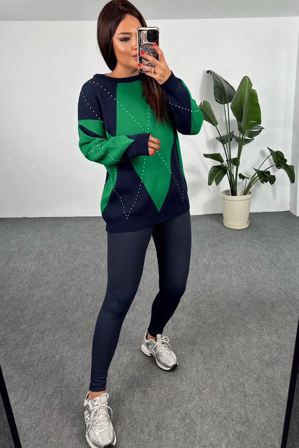lovebox Diamond Patterned Oversize Crew Neck Long Sleeve Navy Blue