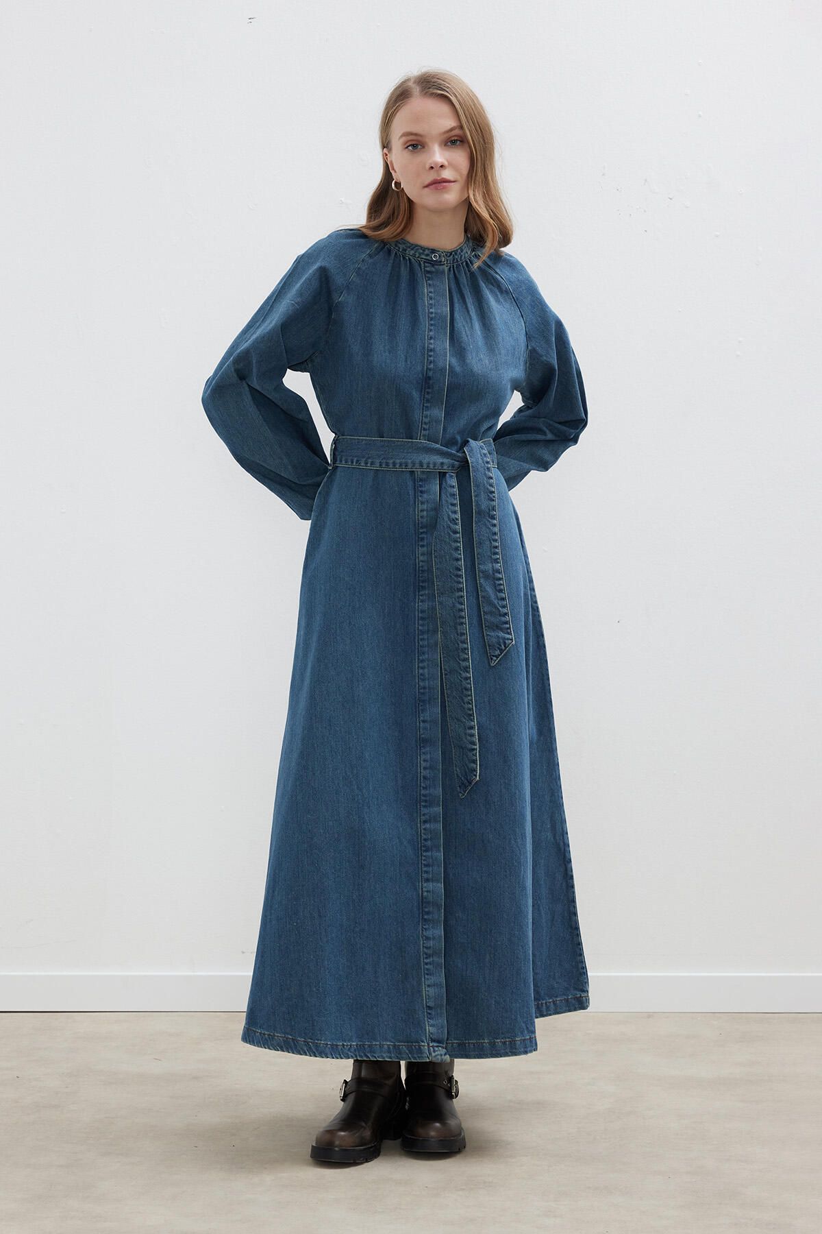Manuka RAGLAN SLEEVE Gathered DENIM DRESS DARK BLUE Trendyol