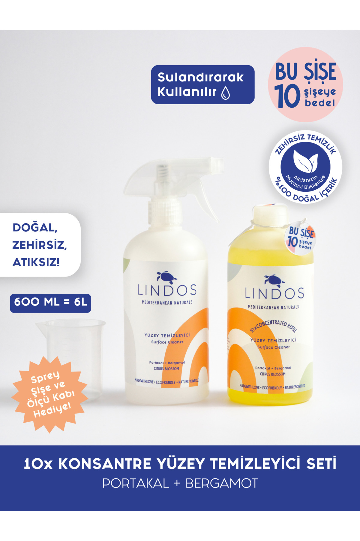 Lindos Doğal Konsantre Yüzey Temizleyici Çok Amaçlı Mutfak Banyo Zemin Fayans Derz Cam Leke Toz - Portakal