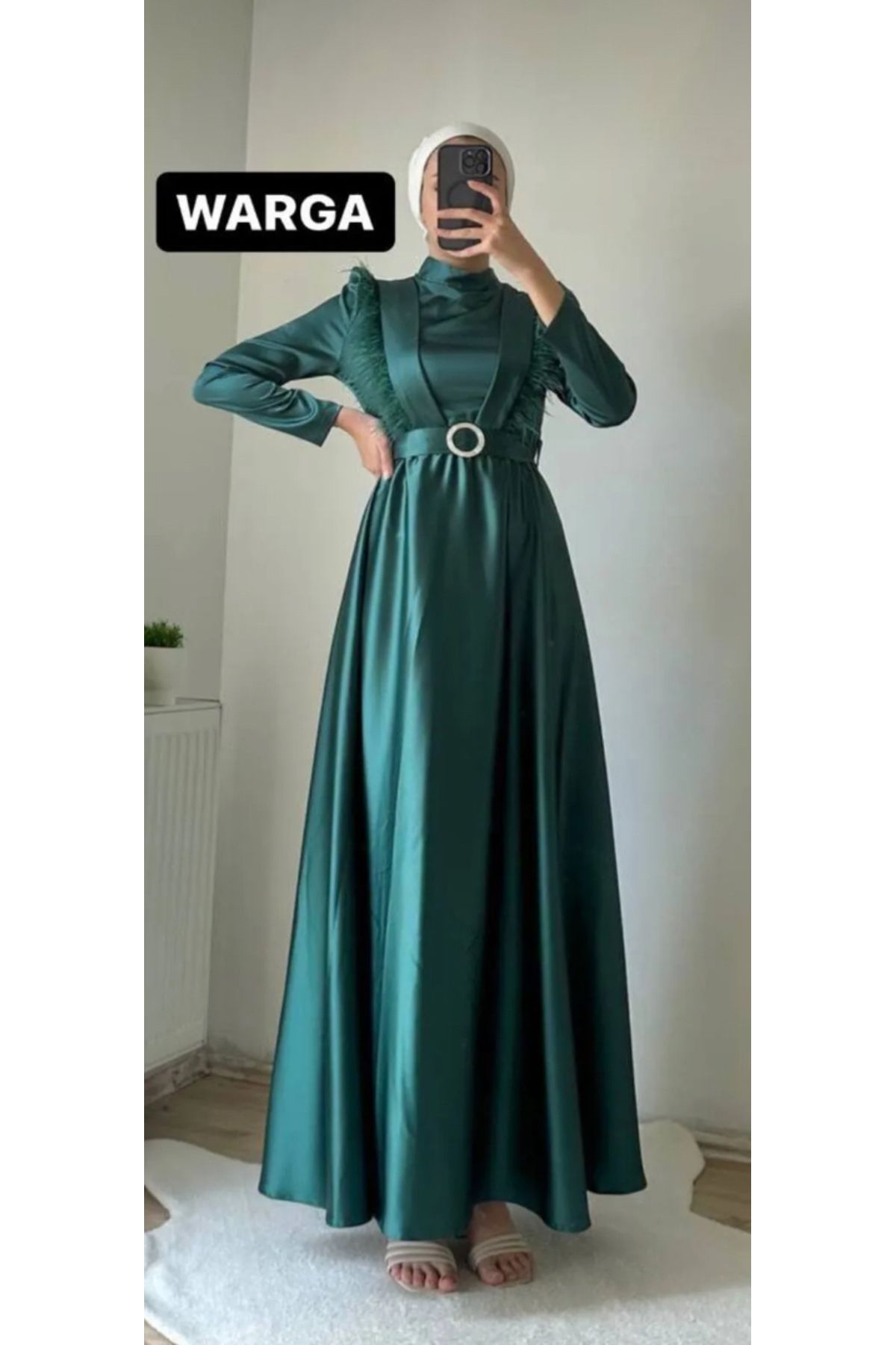 TÜY DETAYLI SATEN ELBİSE