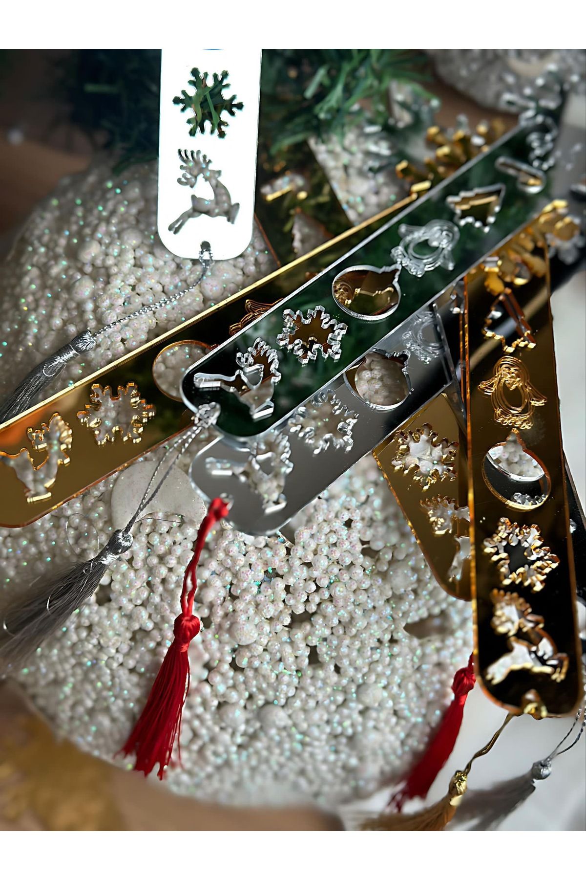 QUEEN AKSESUAR-Mirrored Christmas Snowflake Deer Penguin Tree Patterned Gift Bookmark Bookmark Gold Gold 5