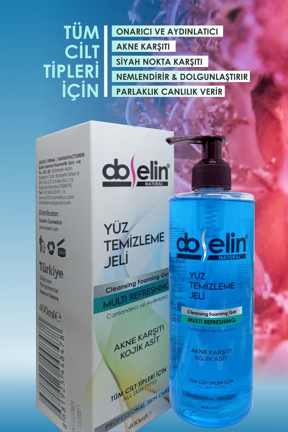 2 بسته ژل پاک کننده صورت-پوست معمولی/مختلط-آکنه،سرسیاه-اسید کوجیک 400ml Doselin