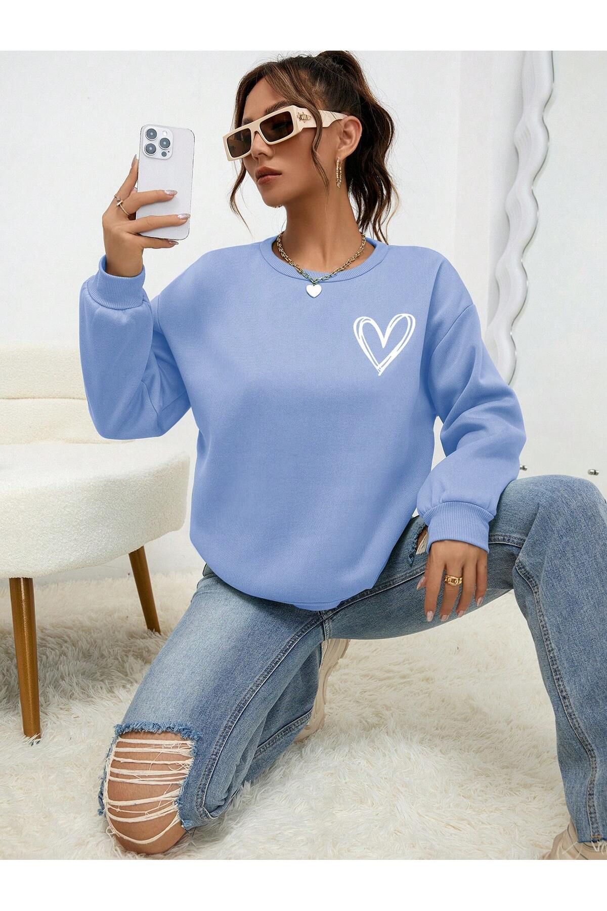 MODAR CH Winter Thick Sweatshirt with Heart Logo Baby Blue