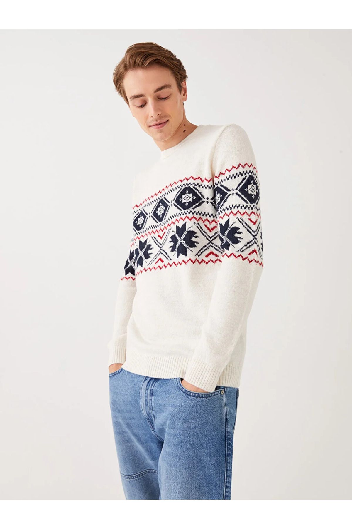 LC Waikiki-Crew Neck Long Sleeve Patterned Men's Knitwear Sweater 1