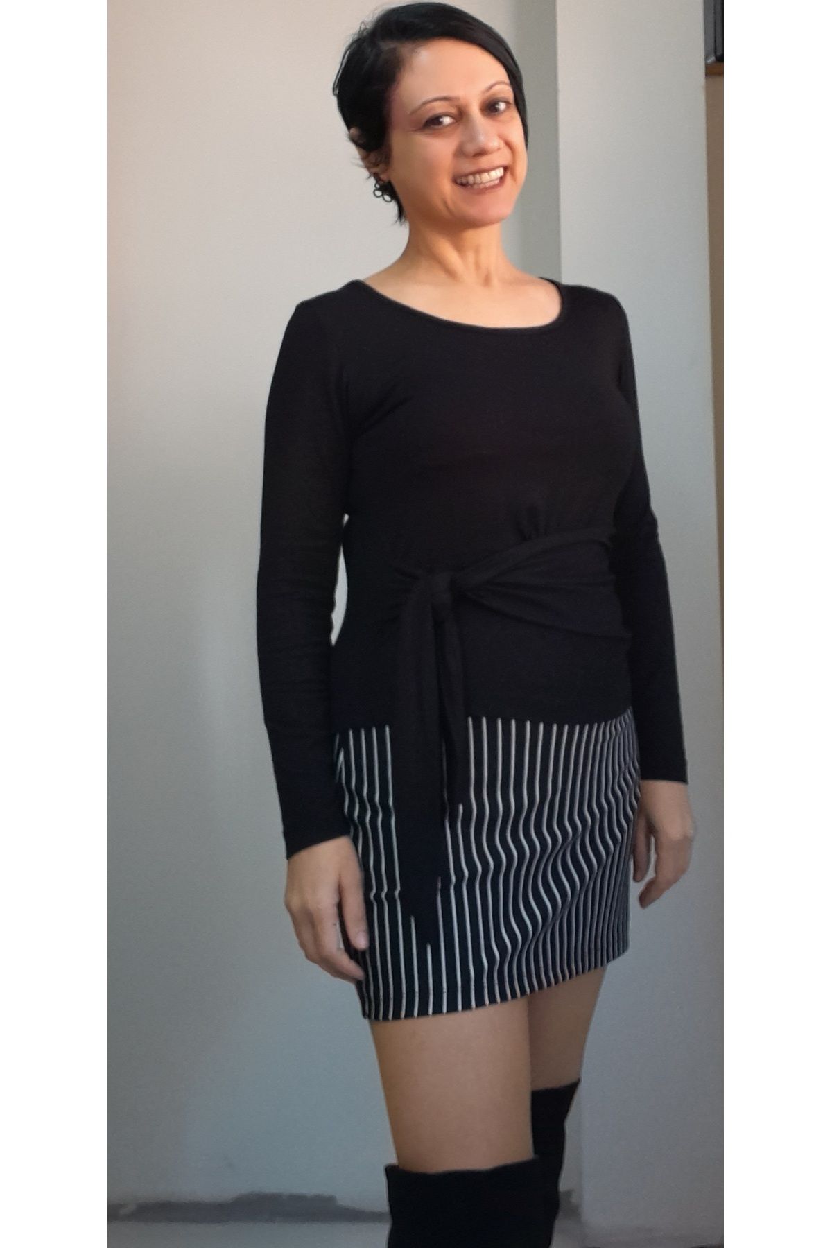 Mertcan Butik-Fusta creion mini tricotată purtabilă în toate anotimpurile cu dungi negre cu talie elastică 6
