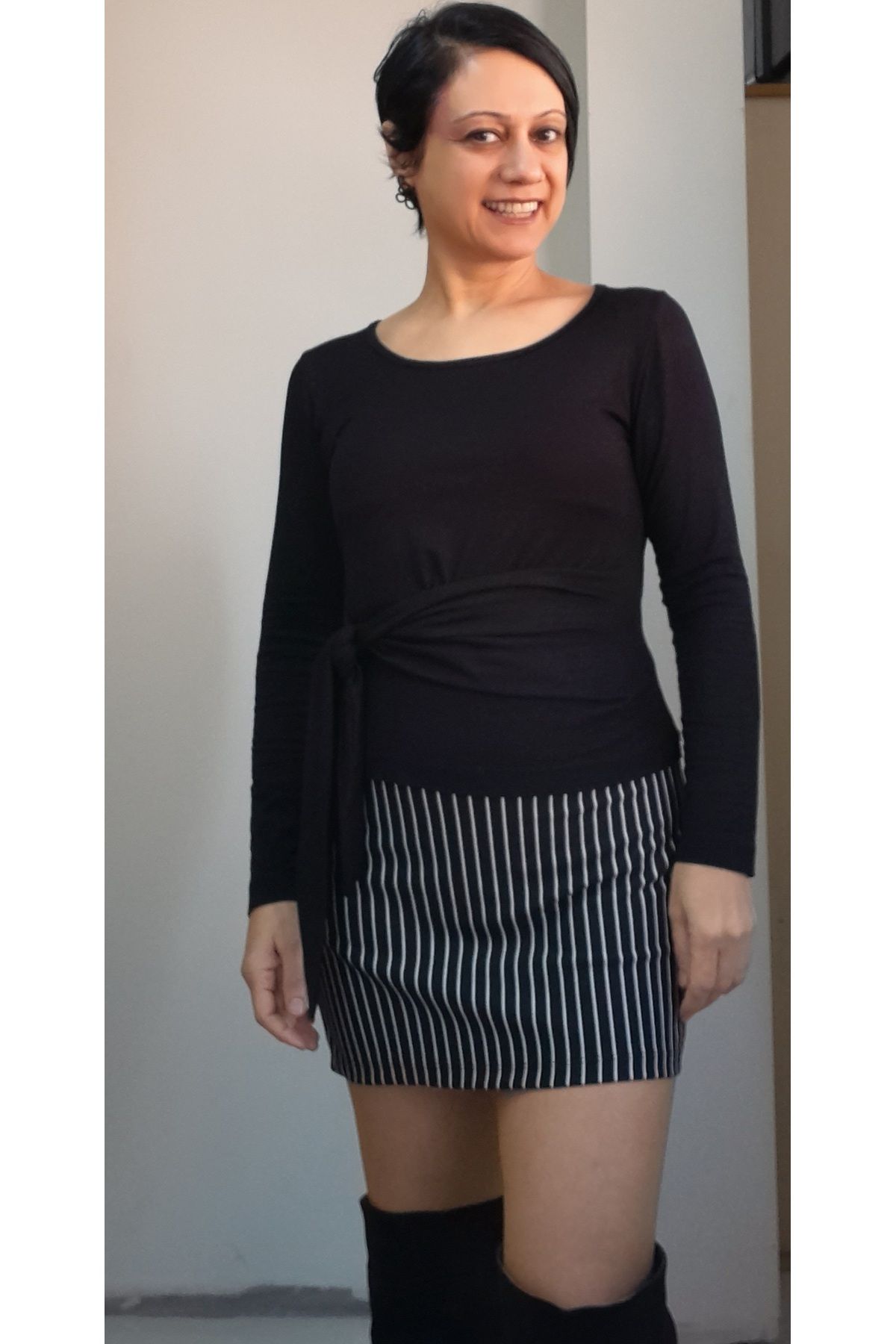 Mertcan Butik-Fusta creion mini tricotată purtabilă în toate anotimpurile cu dungi negre cu talie elastică 5