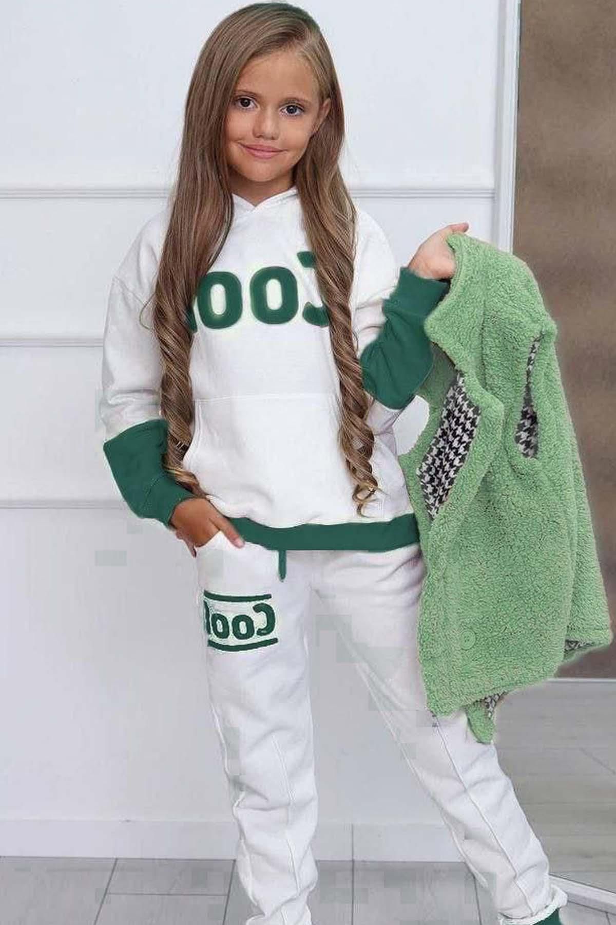 Trainingsanzug grüner mit und für Kapuzen-Sweatshirt Mädchen - Cooles Trendyol Riccotarz bedrucktes Plüschweste