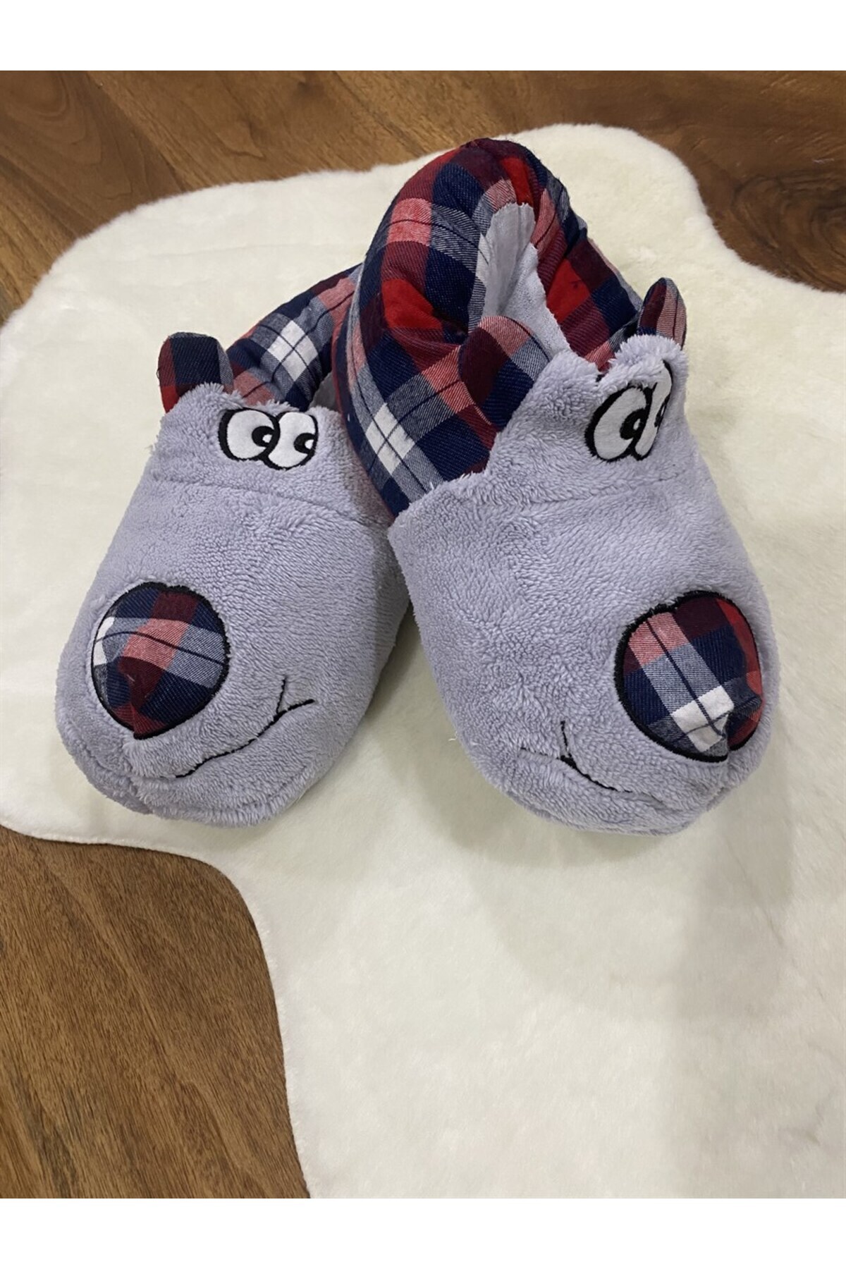 Animal Figured Slippers 36-39 Gray Red Dog Checked