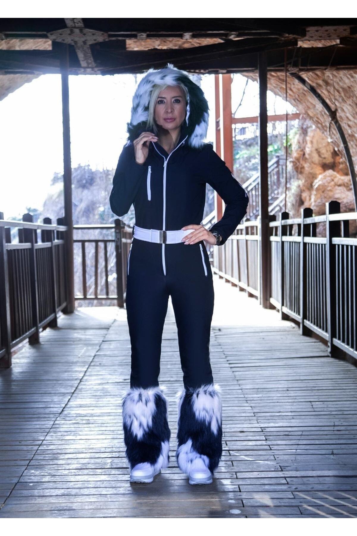 serpildinc Sd Lacivert Kürk tozluk Detaylı Tozluklu Kayak kar Tulumu skisuits