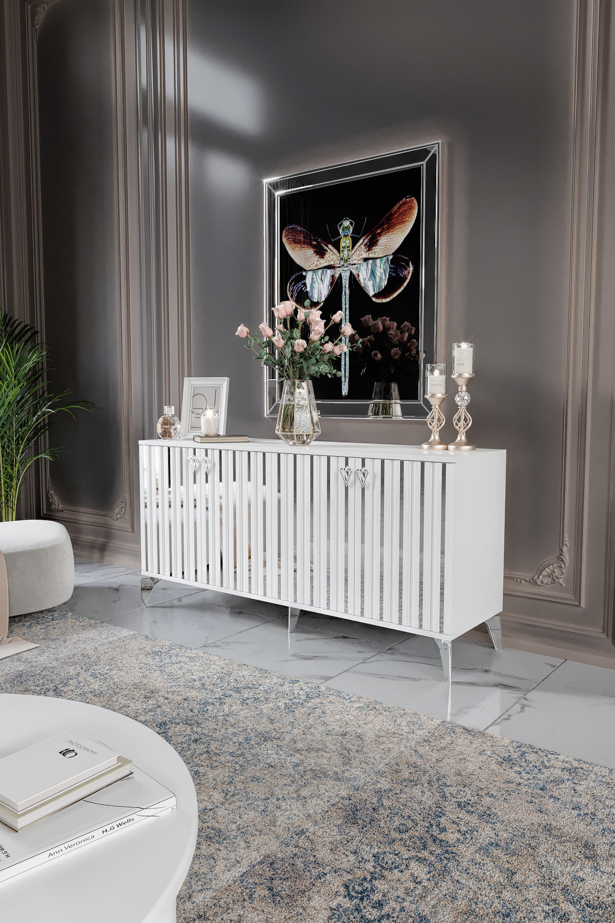 Dubai Console Mdf Mebran Cover White Silver