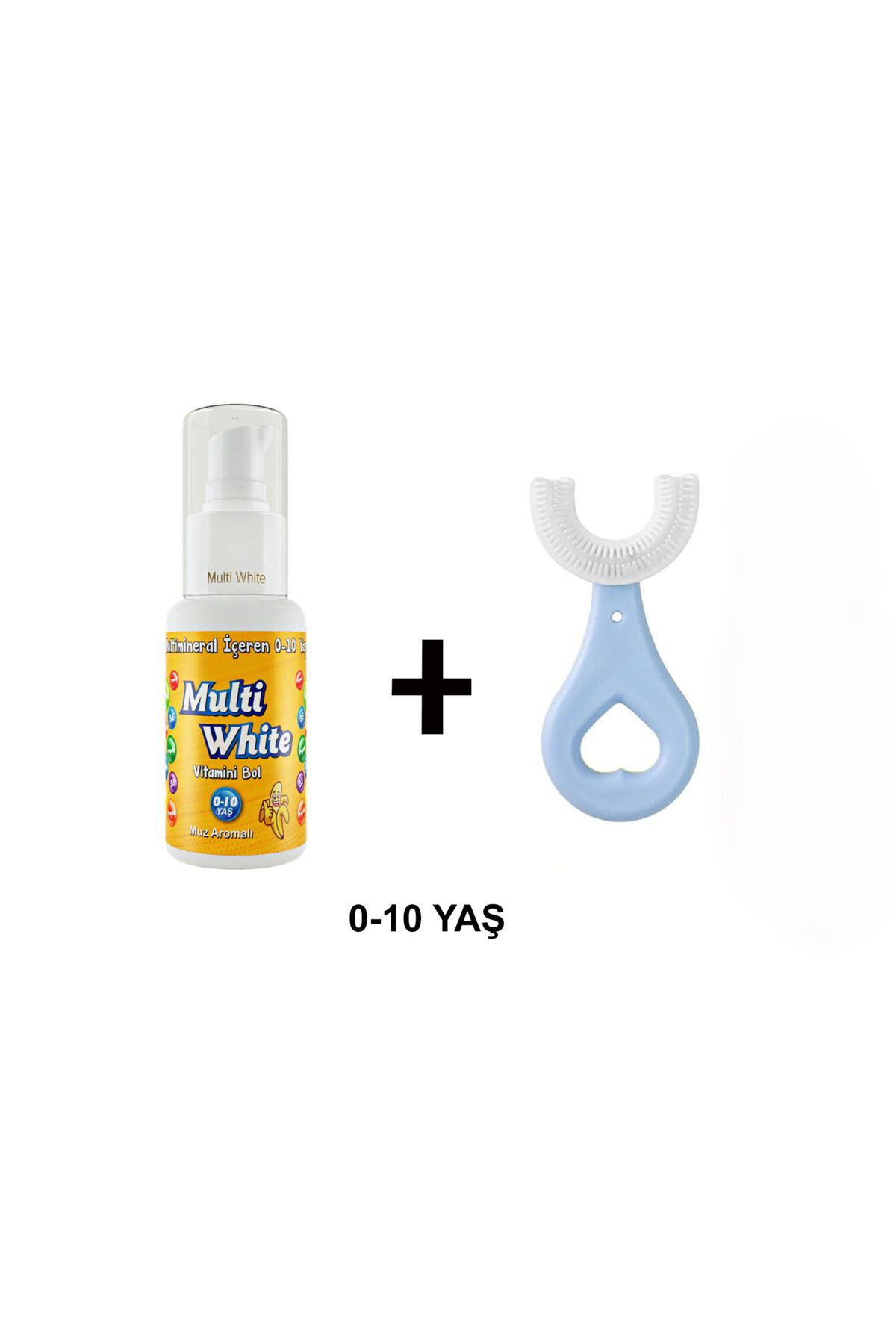 Multi White Muz Aromalı Çocuk Diş Macunu 50 ml ve U Şeklinde Mavi Diş Fırçası