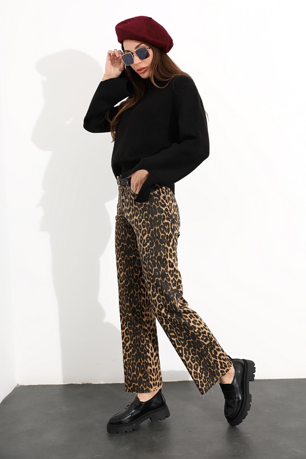 5in1Canpolat Black High Waist Leopard Pattern Jean