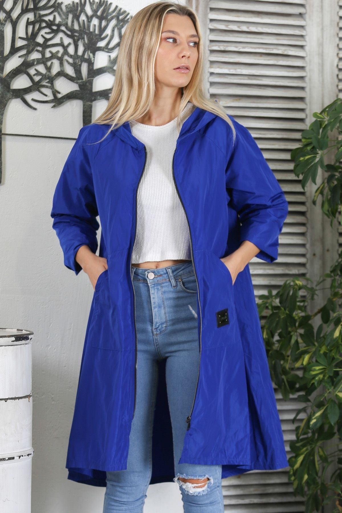 Royal blue online trench coat womens