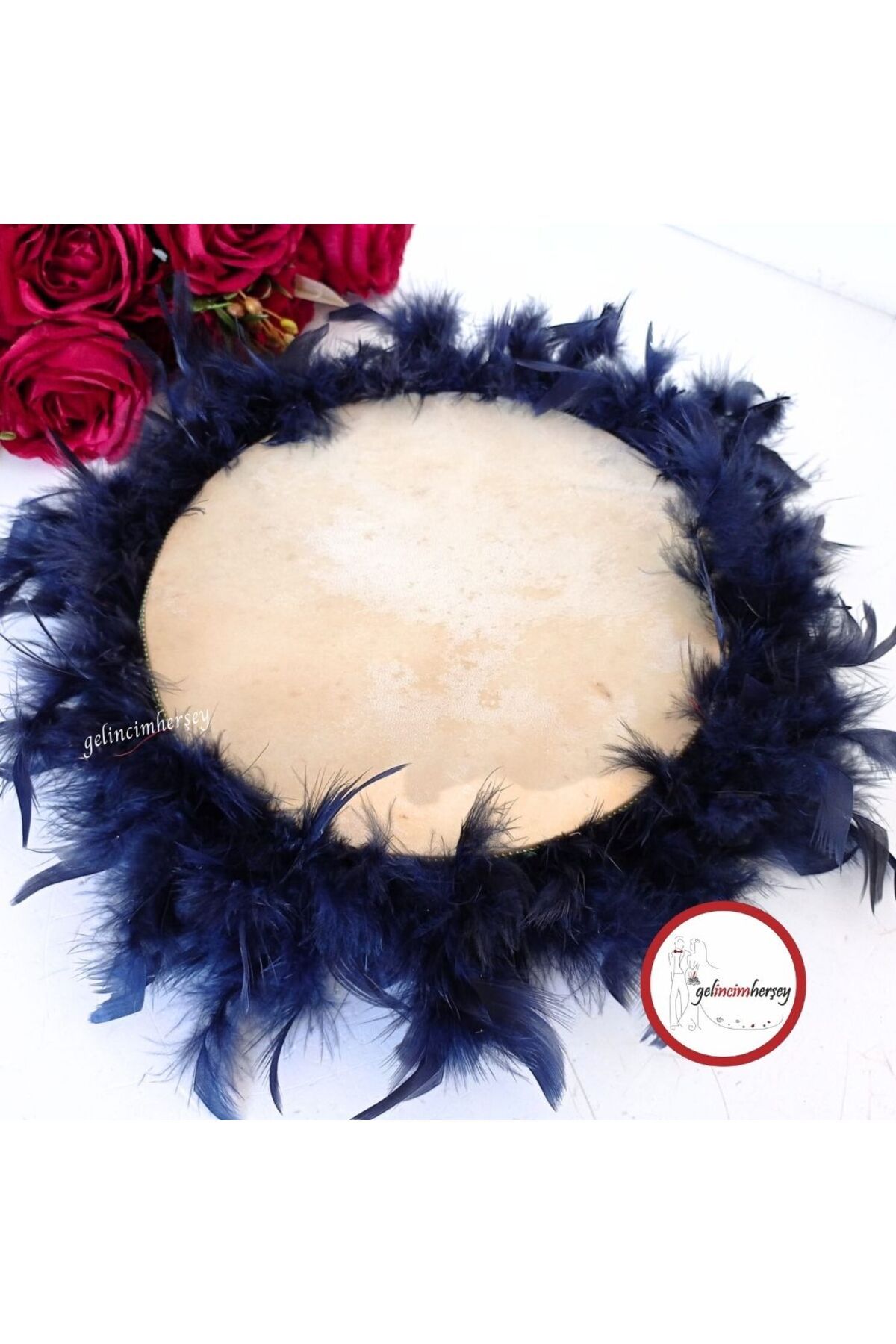 Gelincimherşey Gelin için Lacivert Tüylü 27 cm Çapında Deri Tef