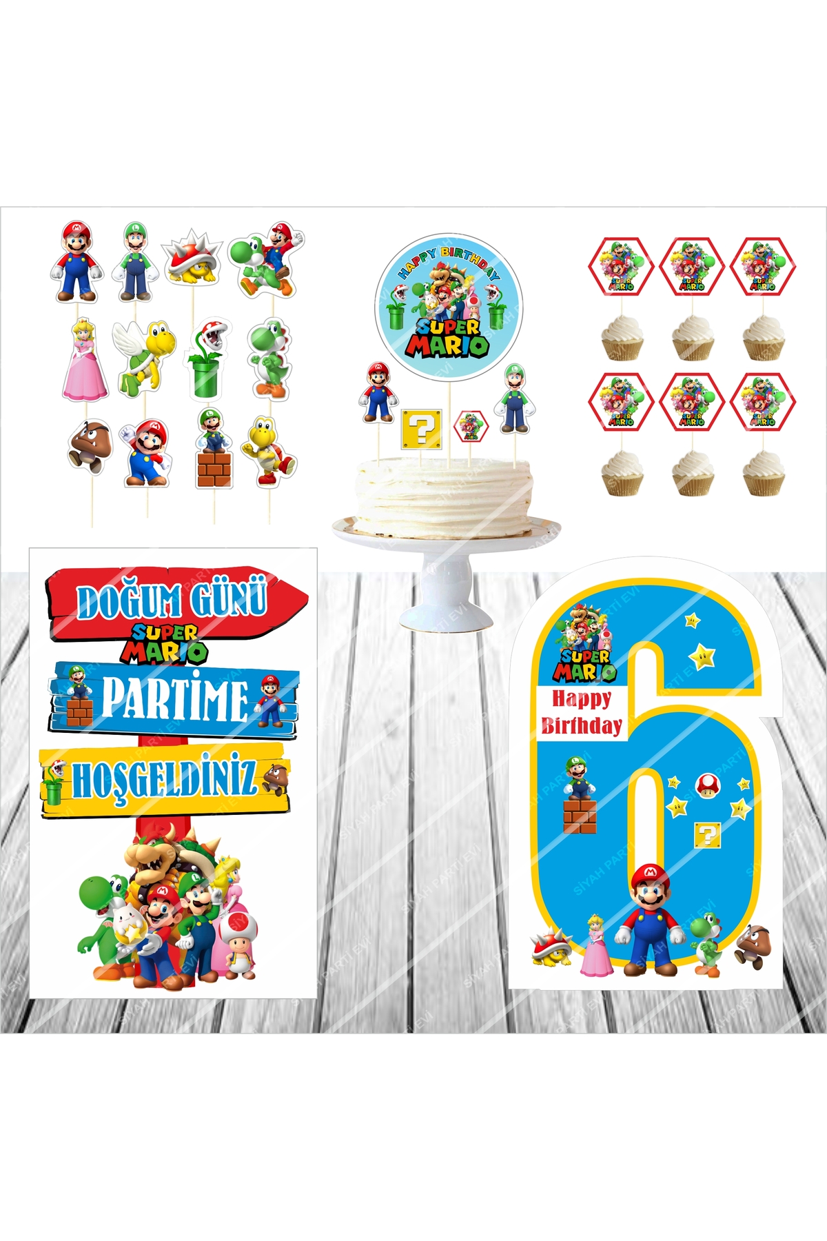 Süper Mario Doğum Günü Masa Panosu / Pasta Süsü Seti 6 Yaş