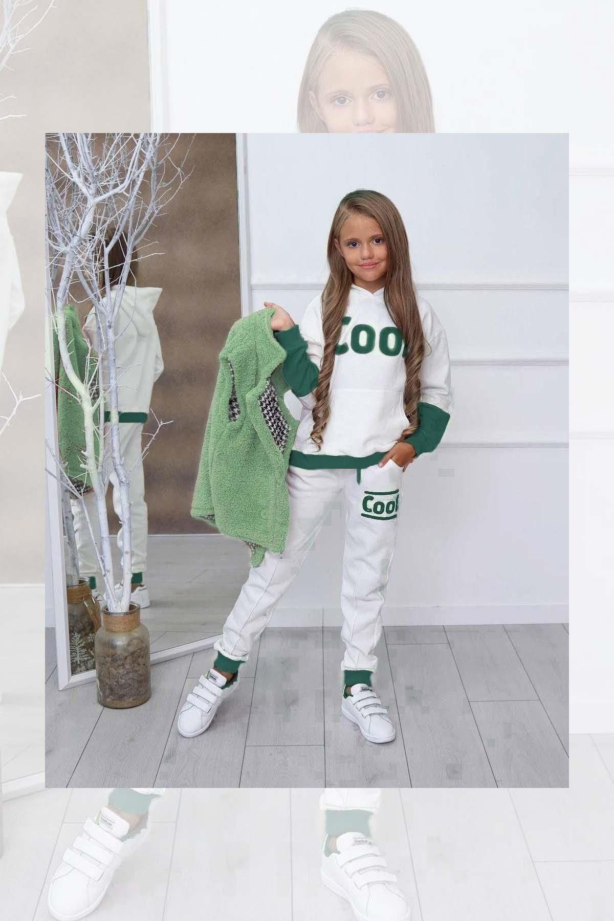 Riccotarz Girl s Cool Printed Hooded Sweatshirt and Green Tracksuit with Plush Vest