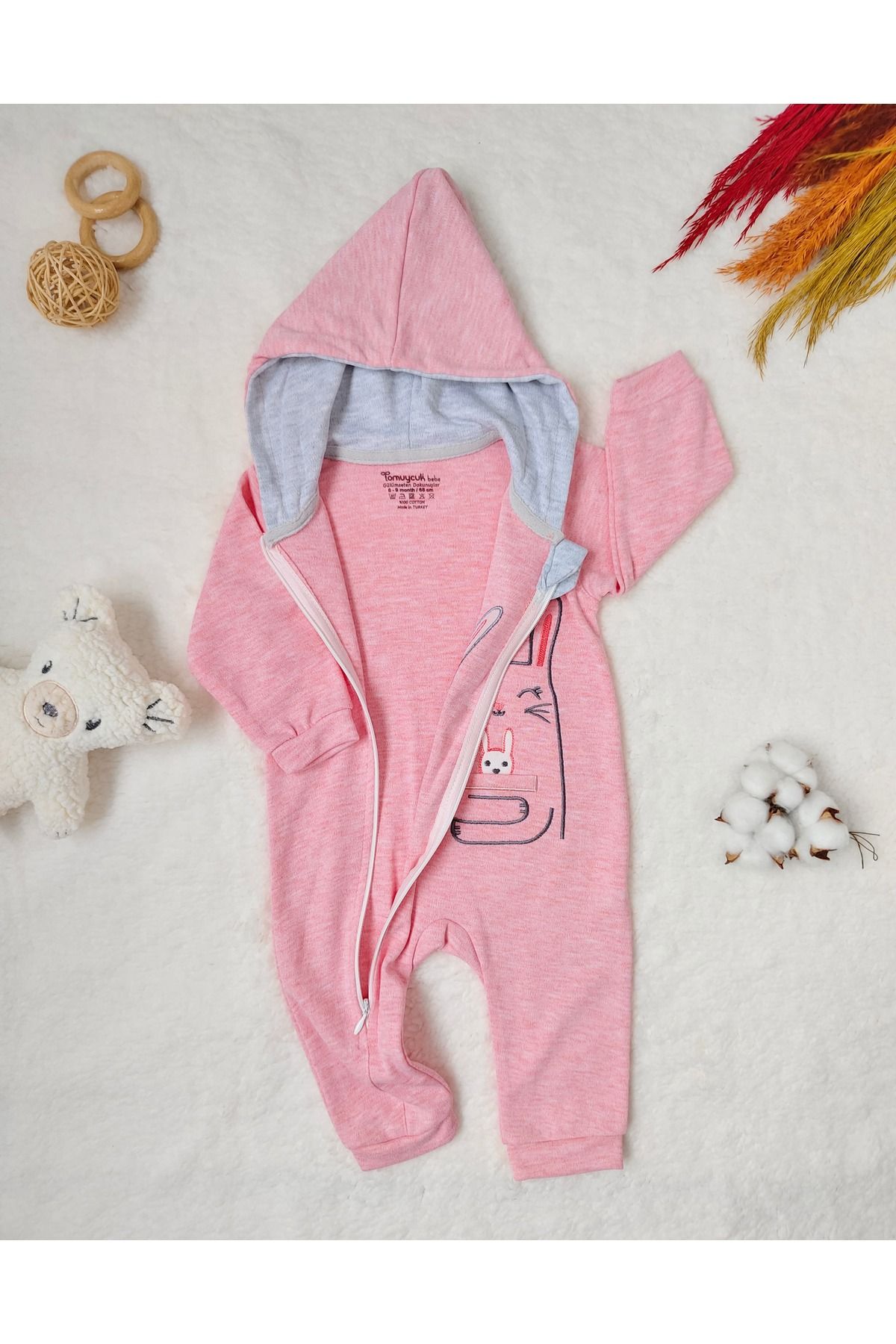 Tomuycuk Ef Cartoon Baby Girl Hooded Jumpsuit Pink Trendyol