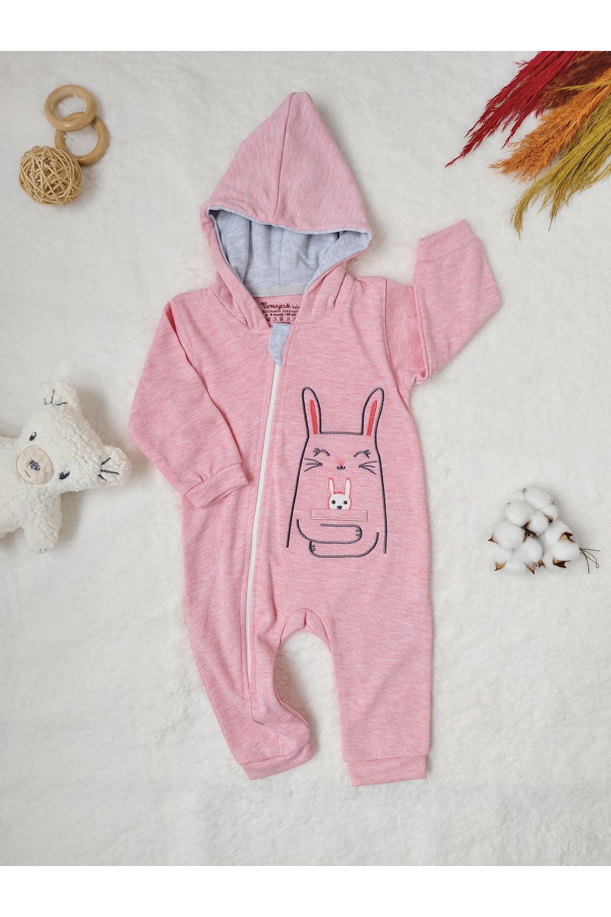 Tomuycuk Ef Cartoon Baby Girl Hooded Jumpsuit Pink Trendyol
