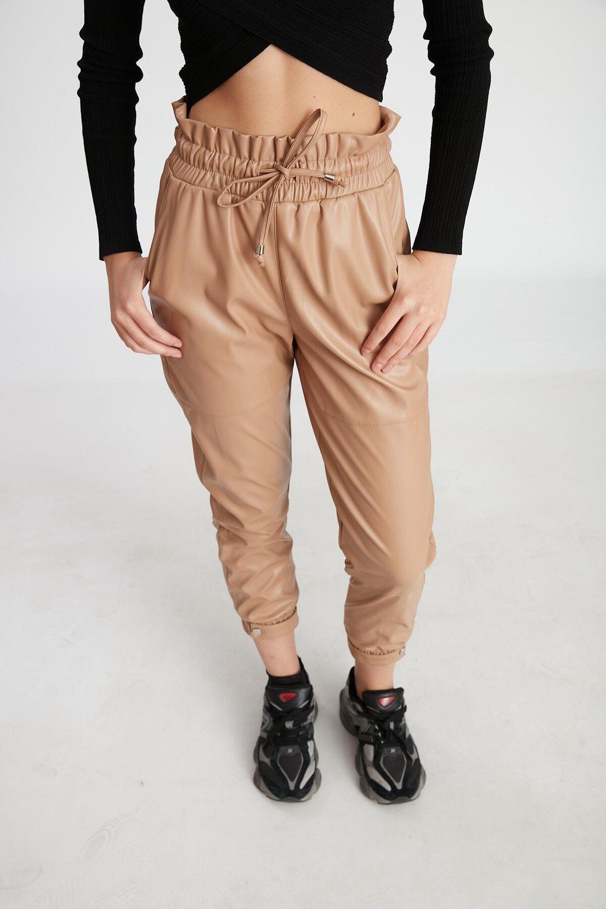 Camel faux leather joggers hot sale