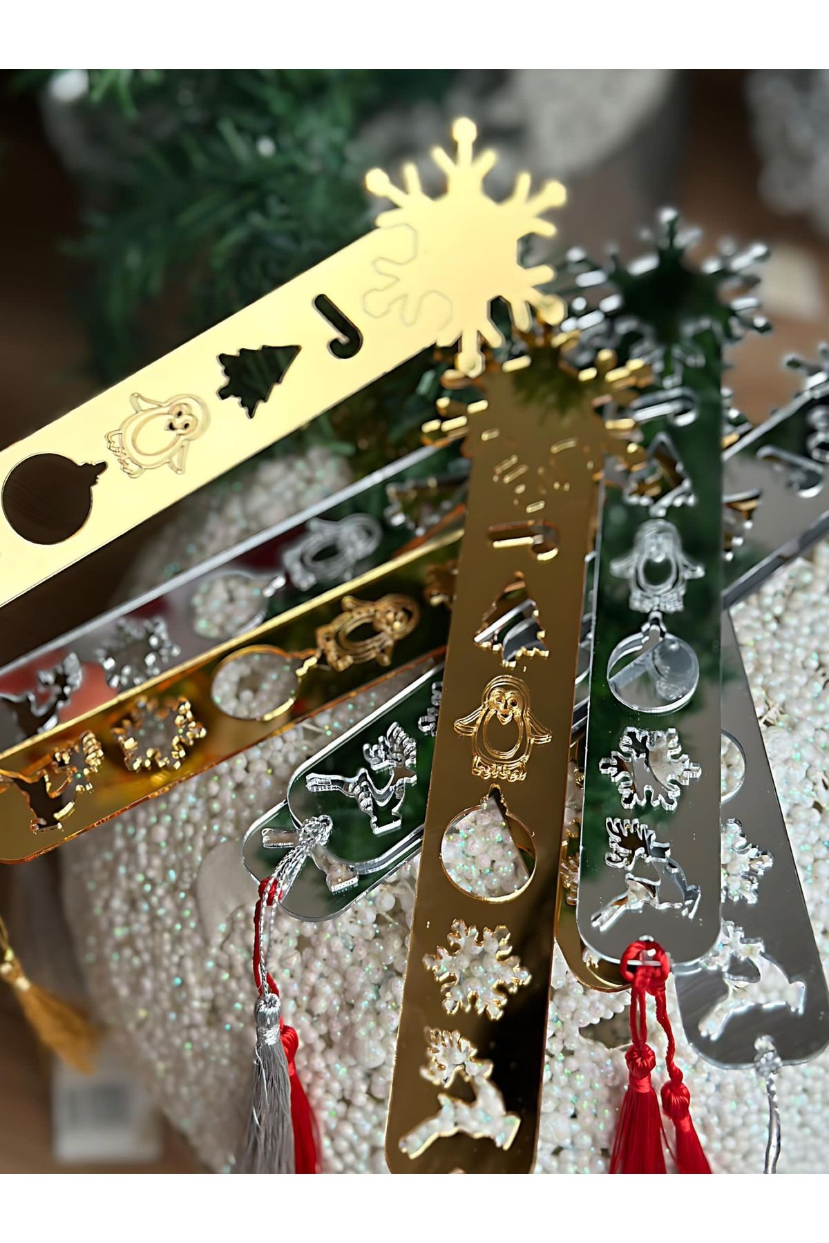 QUEEN AKSESUAR-Mirrored Christmas Snowflake Deer Penguin Tree Patterned Gift Bookmark Bookmark Gold Gold 3