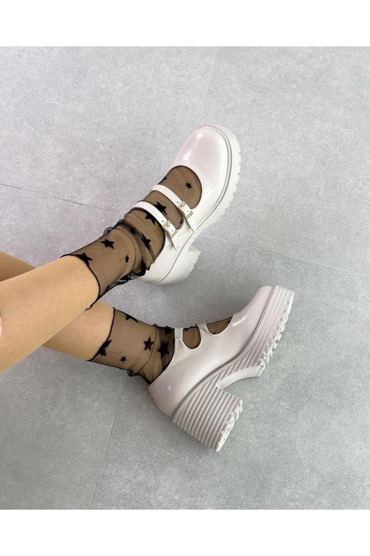 MORİPLİK-Marry Beige Thick Heeled Women's Casual Shoes 3