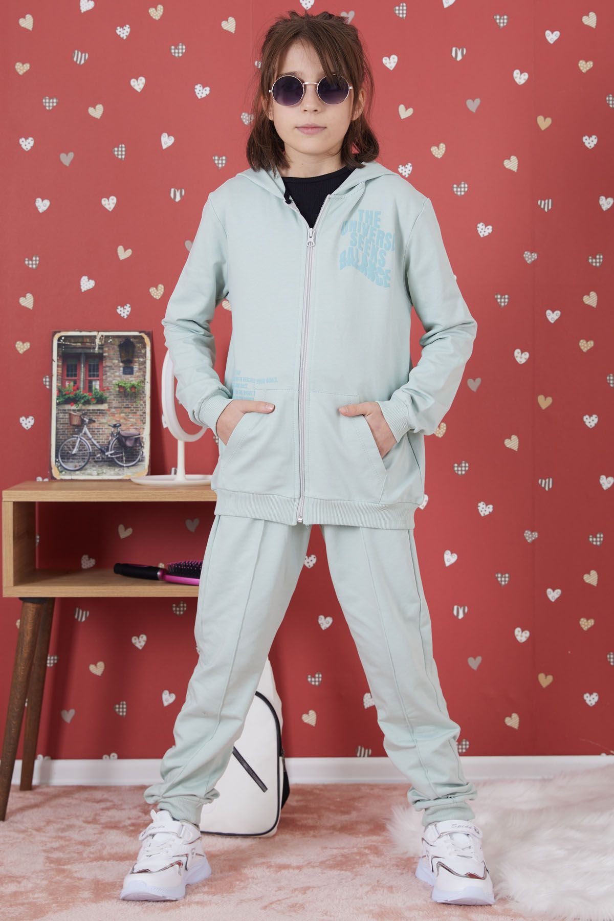 Cans n Mini Green Universe Printed Hooded Cardigan Girls Tracksuit