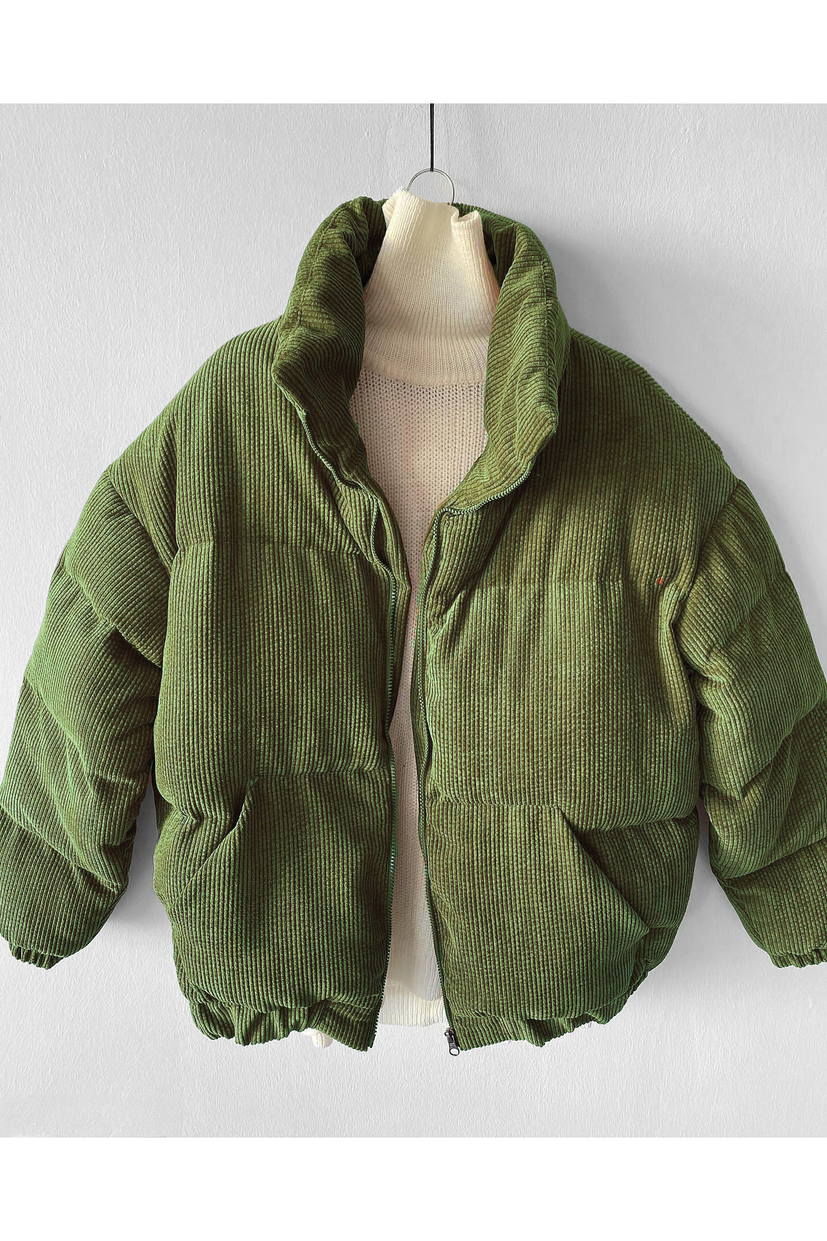 Green Turtleneck Velvet Ribbed Puffer Coat