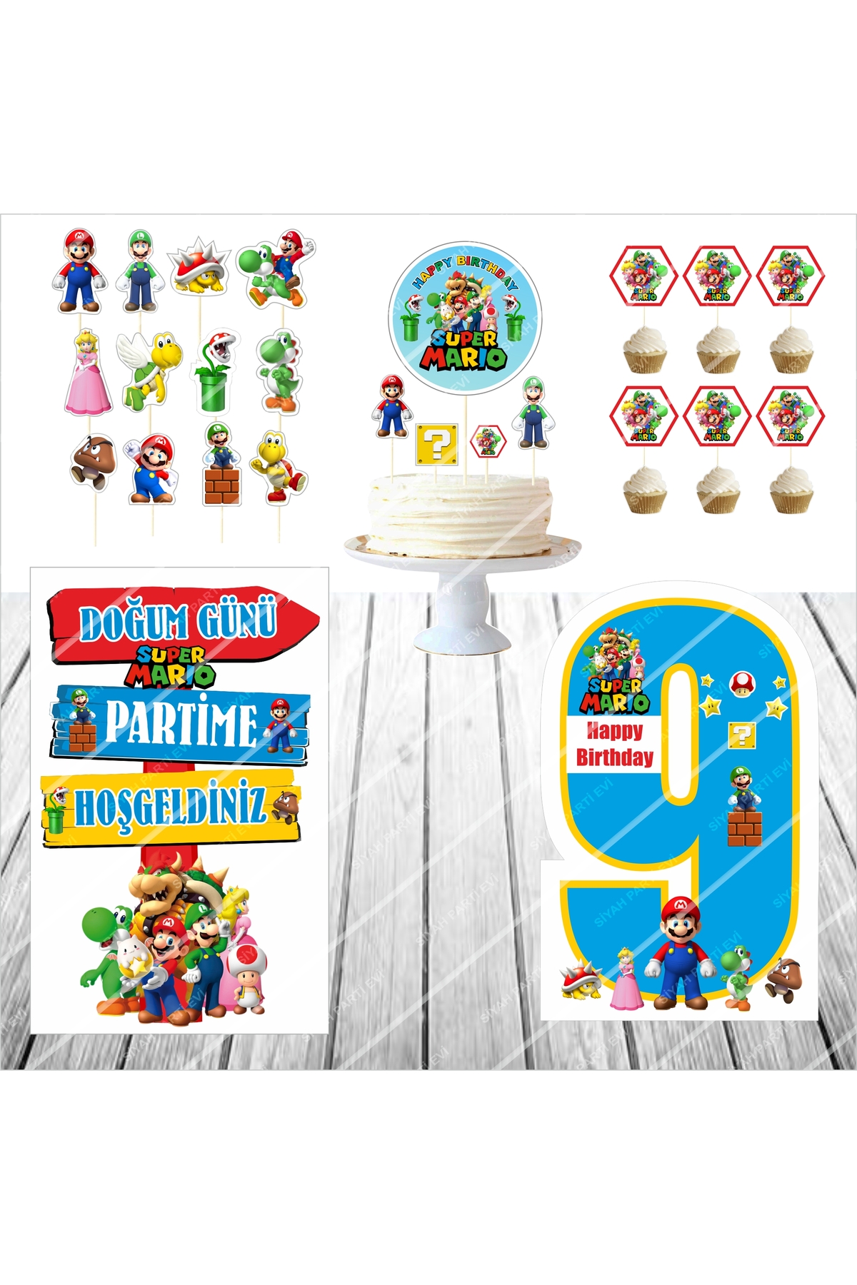 Süper Mario Doğum Günü Masa Panosu / Pasta Süsü Seti 9 Yaş