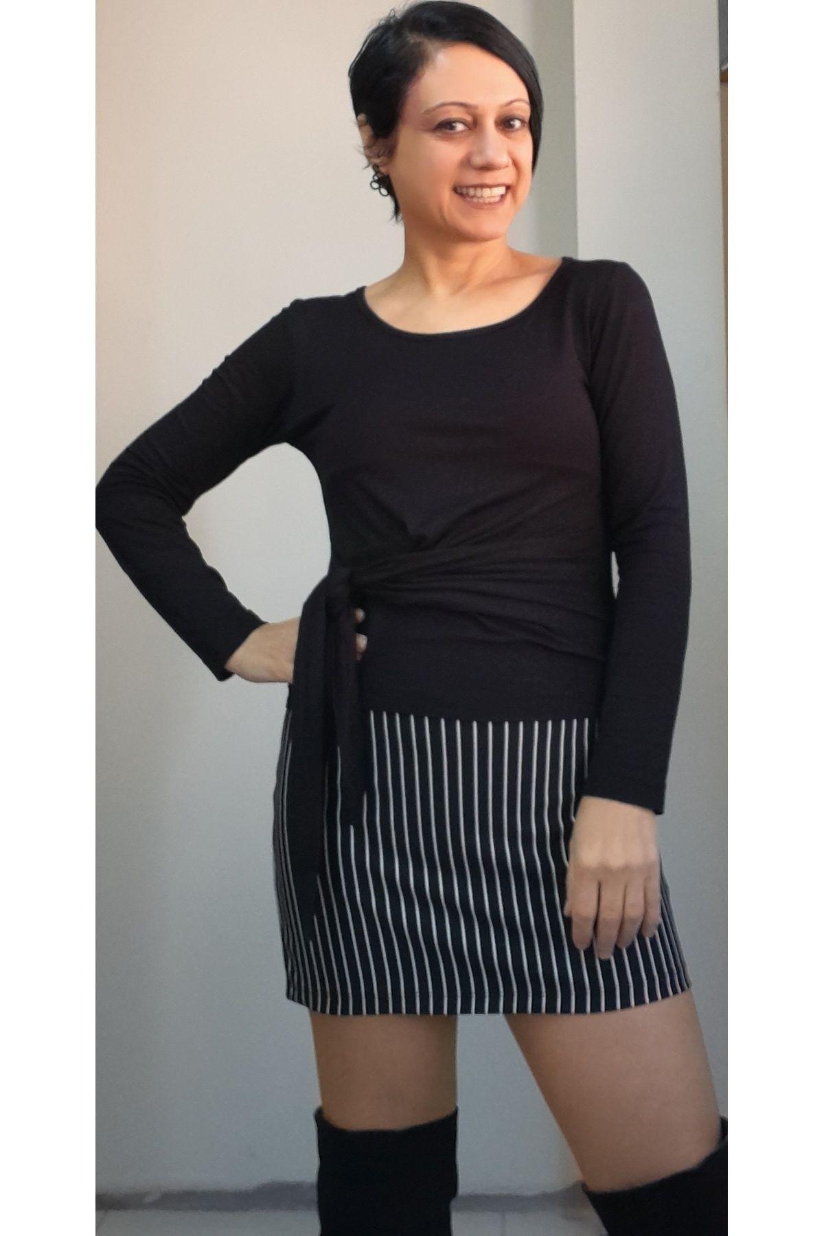 Mertcan Butik-Fusta creion mini tricotată purtabilă în toate anotimpurile cu dungi negre cu talie elastică 4