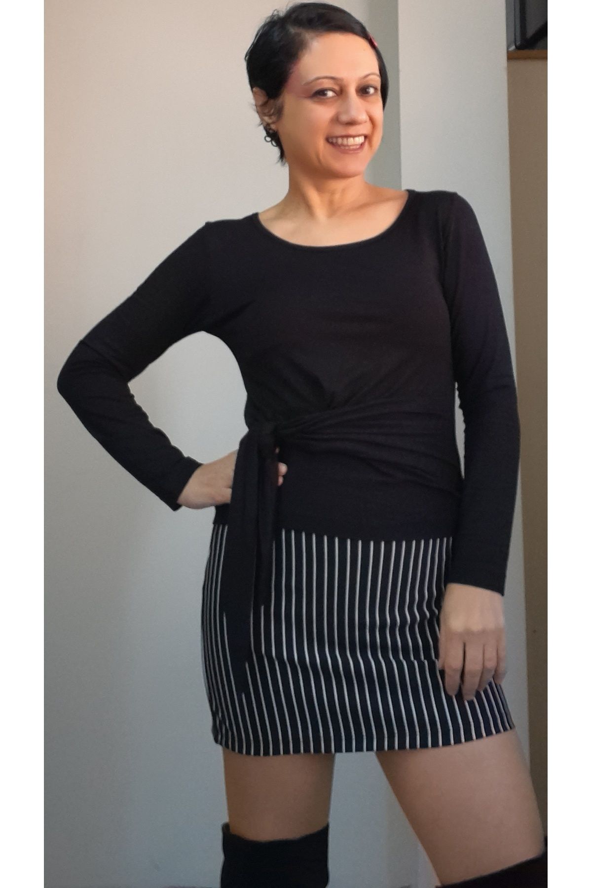 Mertcan Butik-Fusta creion mini tricotată purtabilă în toate anotimpurile cu dungi negre cu talie elastică 2