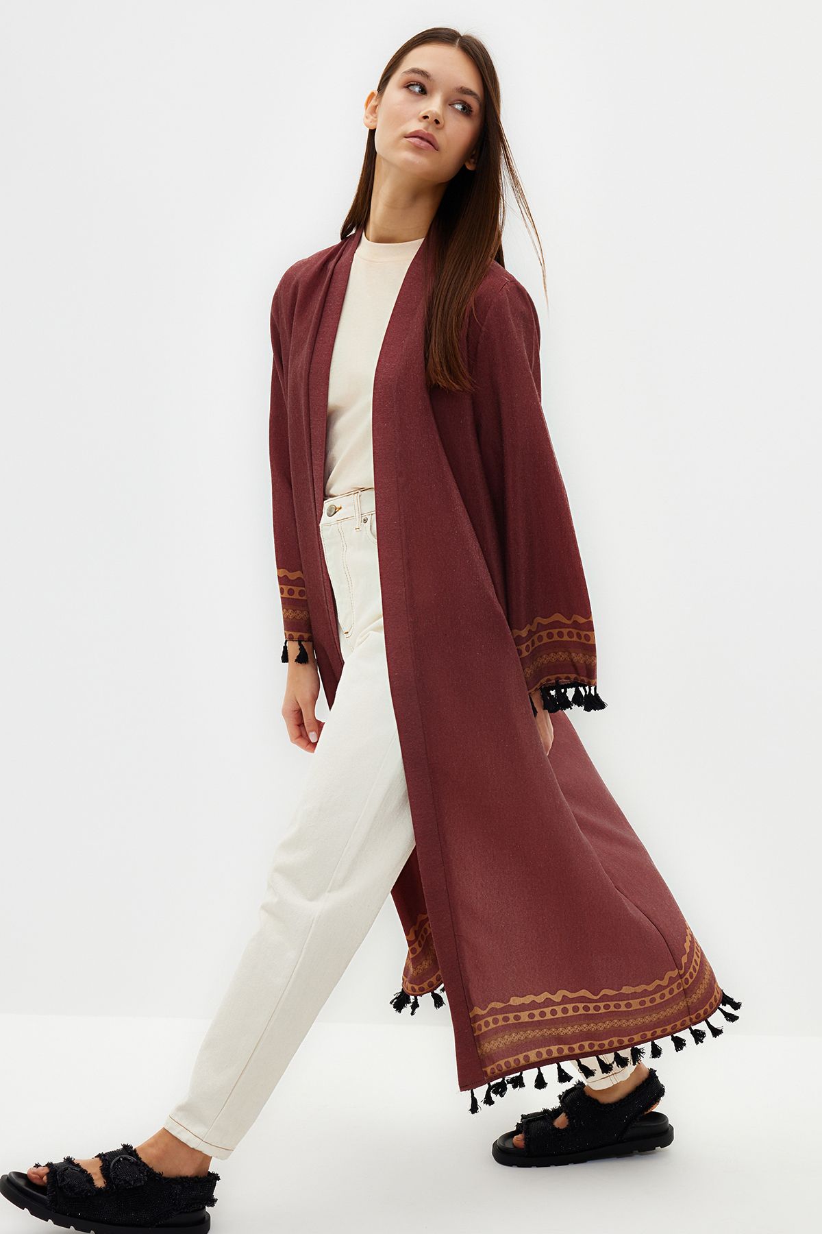 Trendyol Modest-Kimono și caftan țesut lung în amestec de bumbac cu model etnic maro TCTSS23KK00012 5