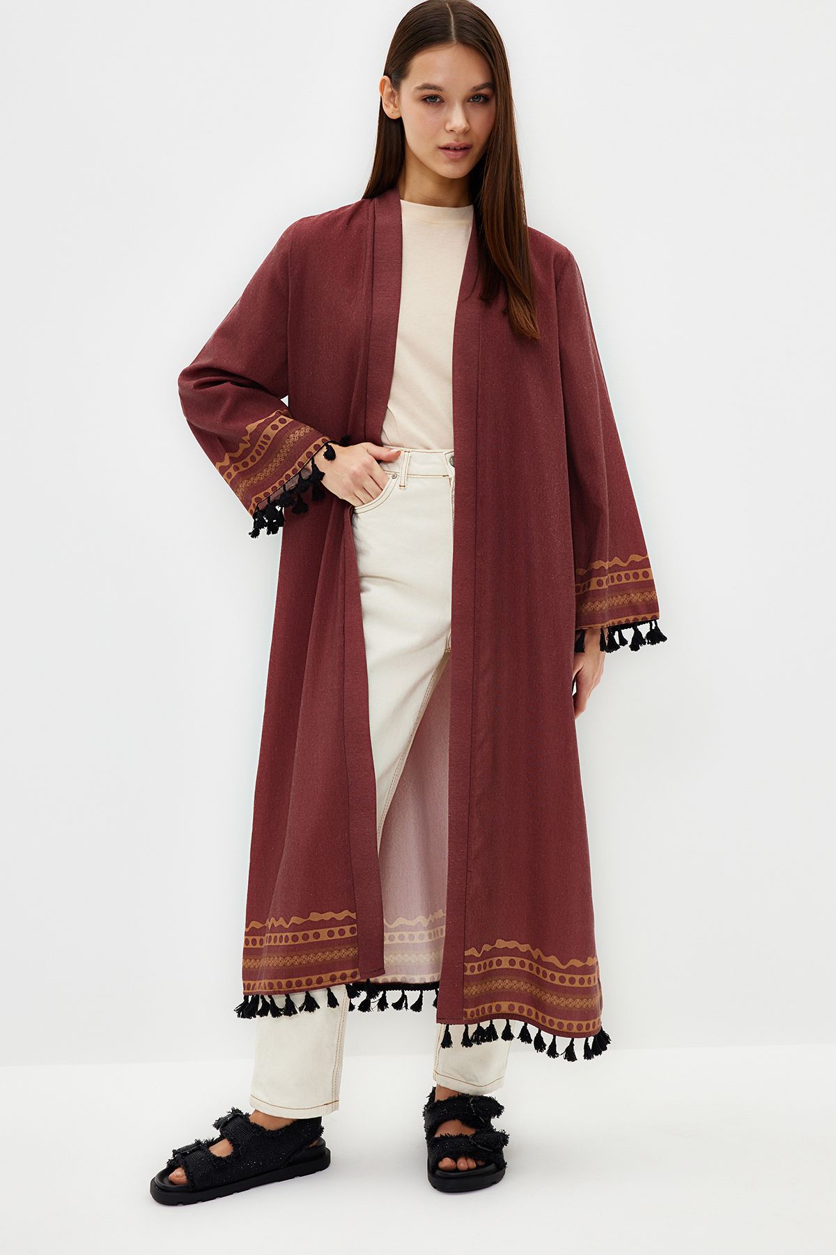 Trendyol Modest-Kimono și caftan țesut lung în amestec de bumbac cu model etnic maro TCTSS23KK00012 4