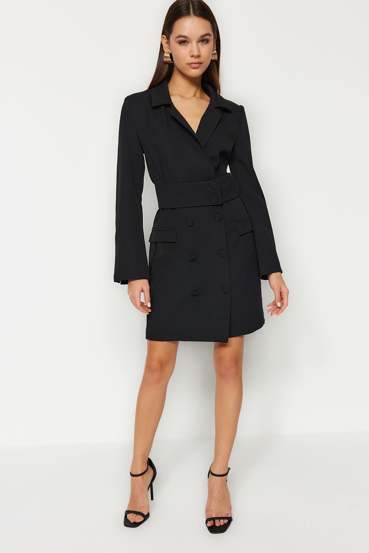 Trendyol Collection-Schwarzes Mini-Webkleid mit gewebten Knöpfen und Gürtel TWOAW24EL00497 3