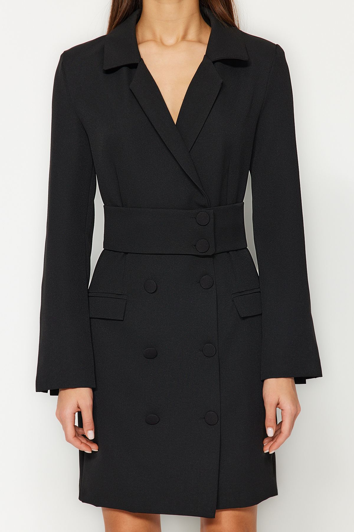 Trendyol Collection-Schwarzes Mini-Webkleid mit gewebten Knöpfen und Gürtel TWOAW24EL00497 5