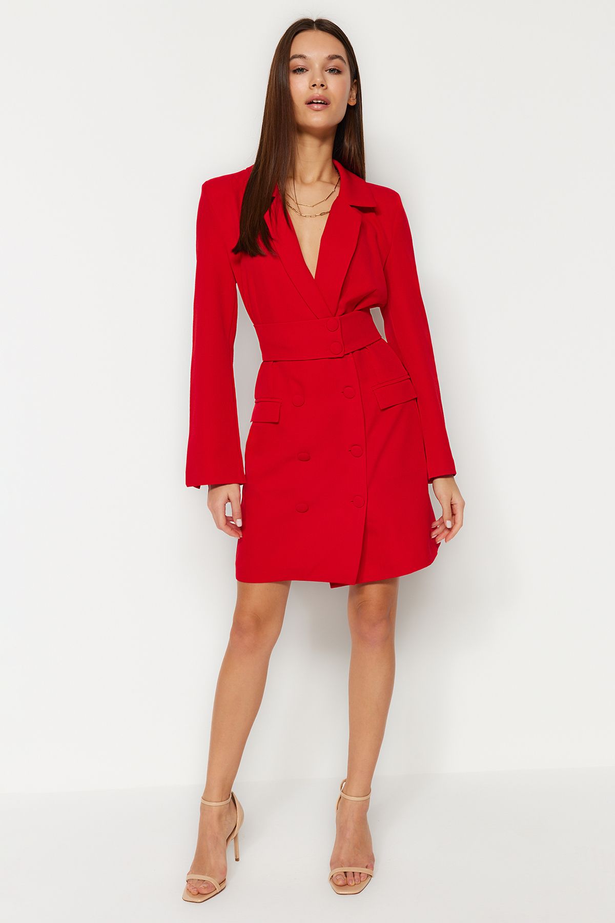 Trendyol Collection Red Belted Mini Button Detailed Woven Dress TWOAW24EL00497