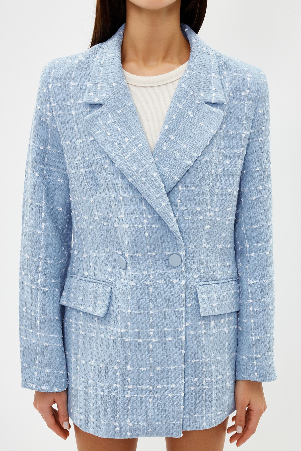 Trendyol Collection-Hellblaue, übergroße, gewebte karierte Blazerjacke TWOAW21CE0105 4