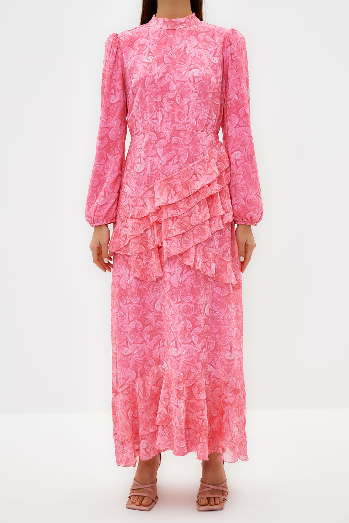 Trendyol Modest-Rosa Blumenrock, gerüschtes, gefüttertes Kleid aus gewebtem Chiffon TCTSS23EB00160 3