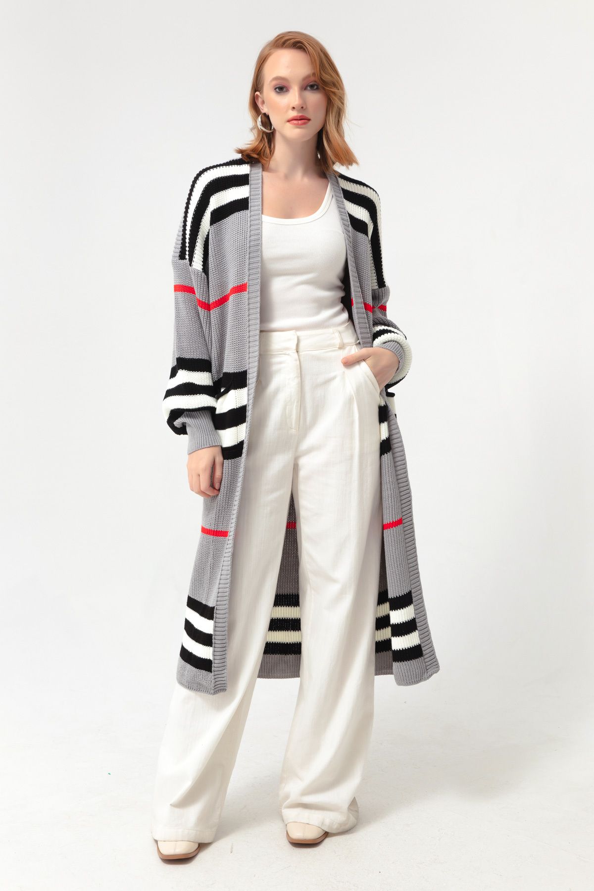 Lafaba-Cardigan lung de tricot cu mânecă cu balon gri-alb pentru femei 1