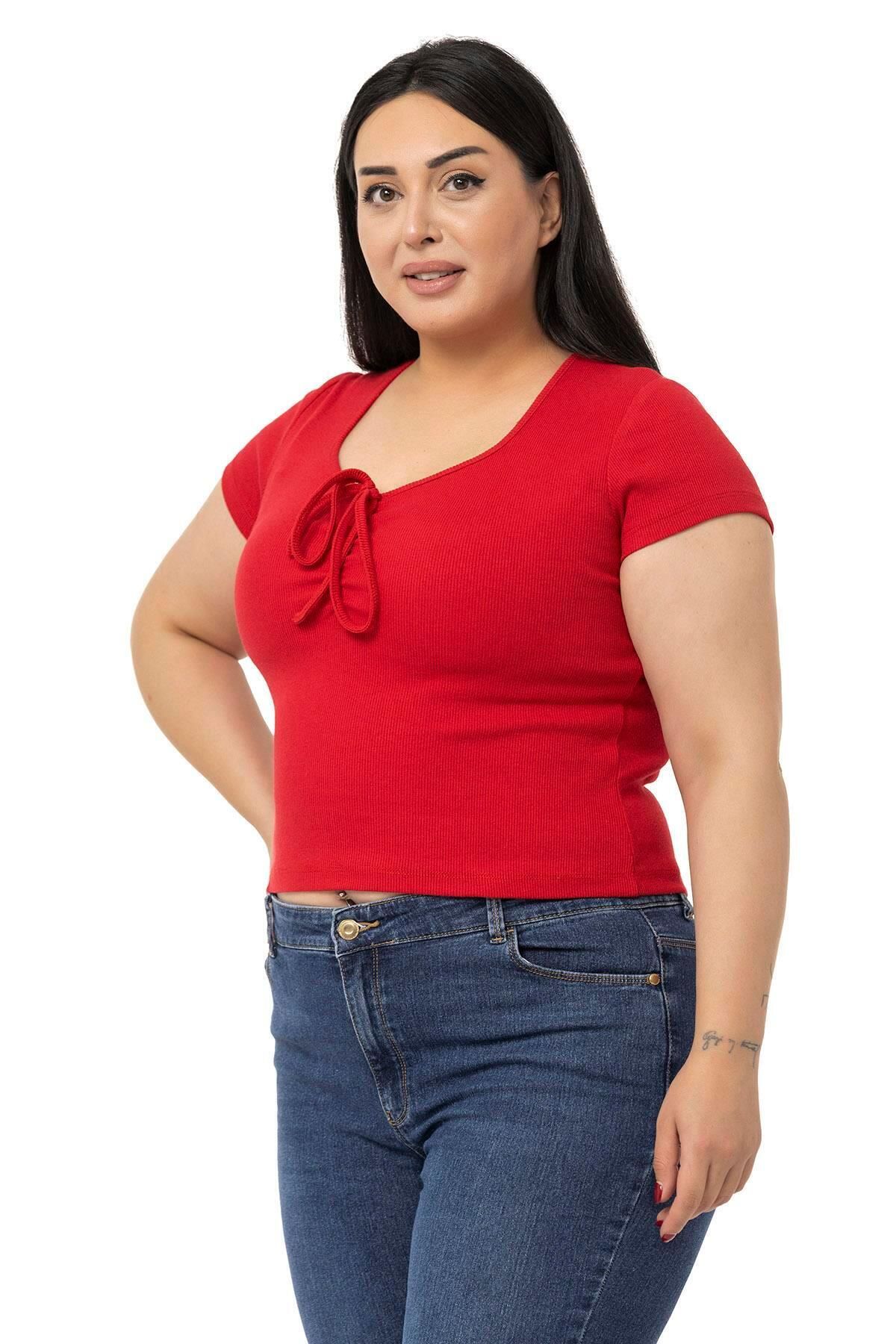 DISENTIS MODEST-Plus Size Half Sleeve Camisole Red Body with Lace Detail on the Chest 2