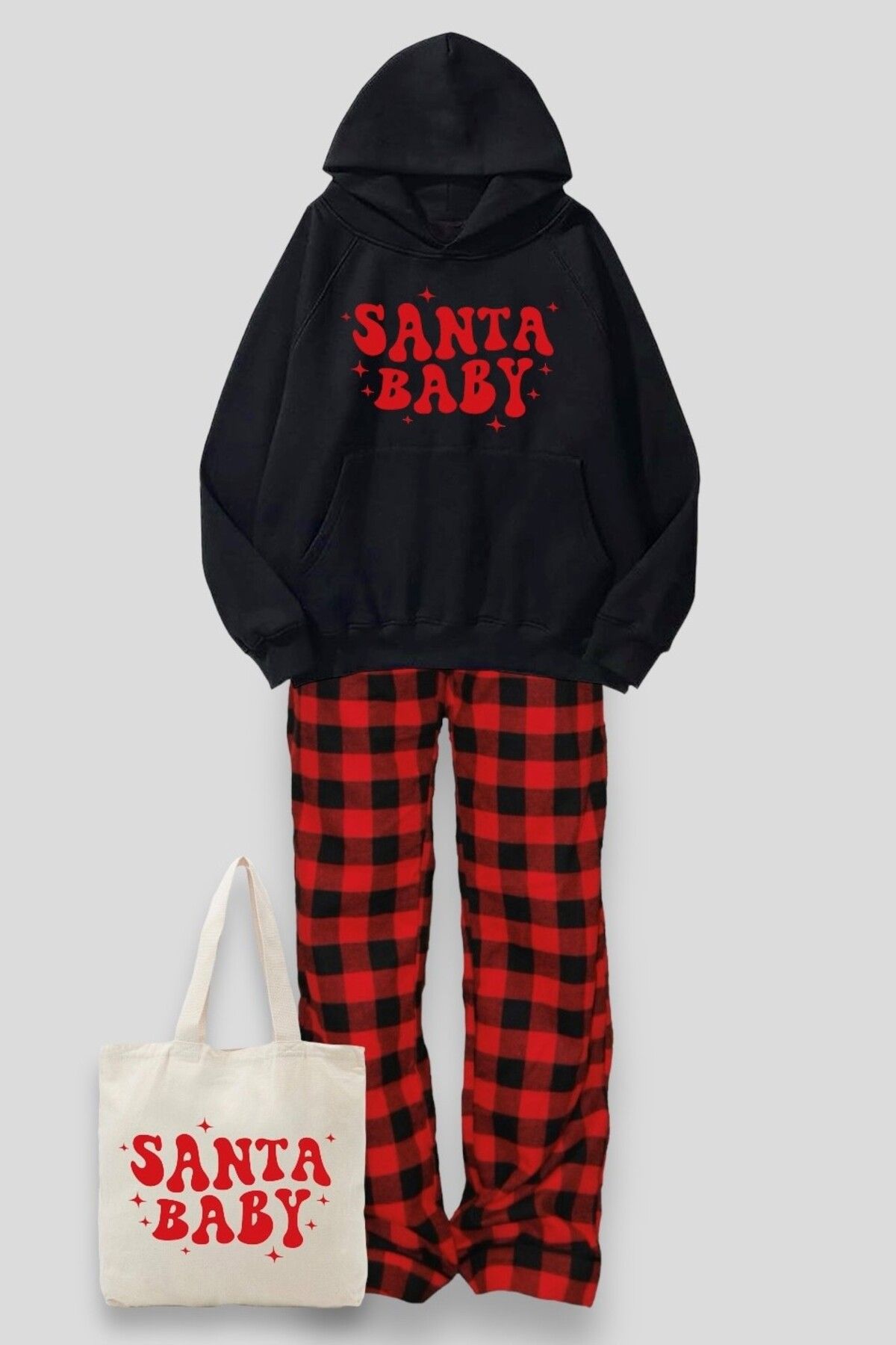 Ef Butik Black Red Santa Baby Written Sweatshirt Plaid Pattern