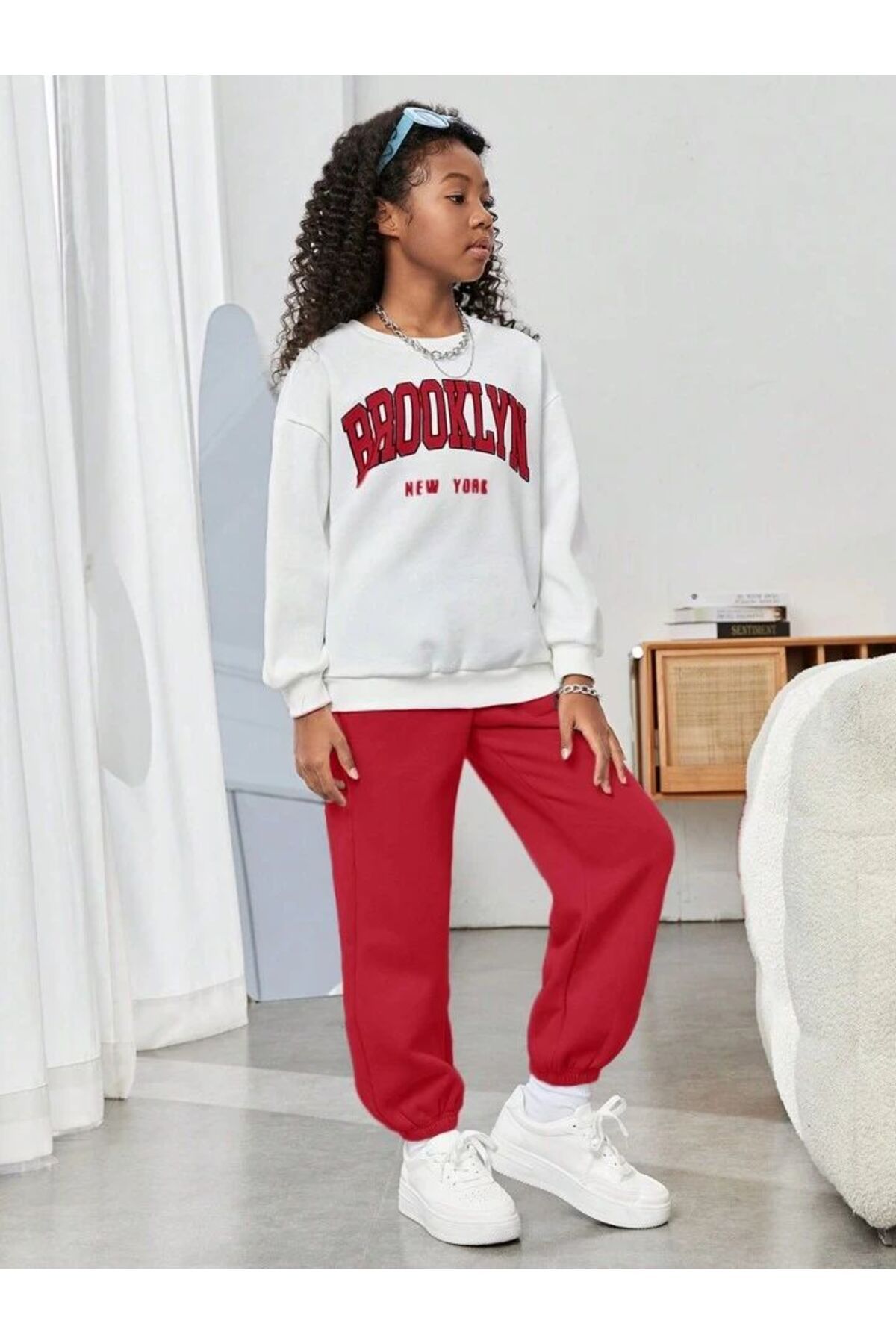 MORNİNG KİDS-Girl's White-Red Brooklyn Printed Tracksuit Set 1