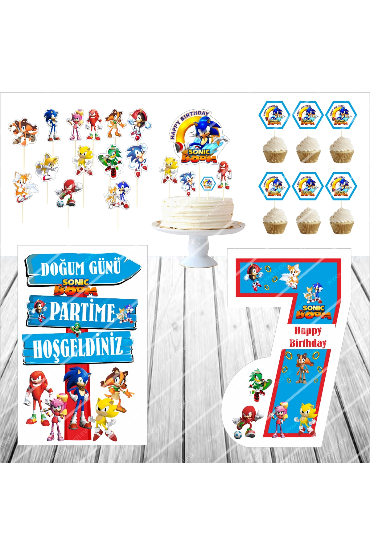 Sonic Boom Doğum Günü Masa Panosu / Pasta Süsü Seti 7 Yaş