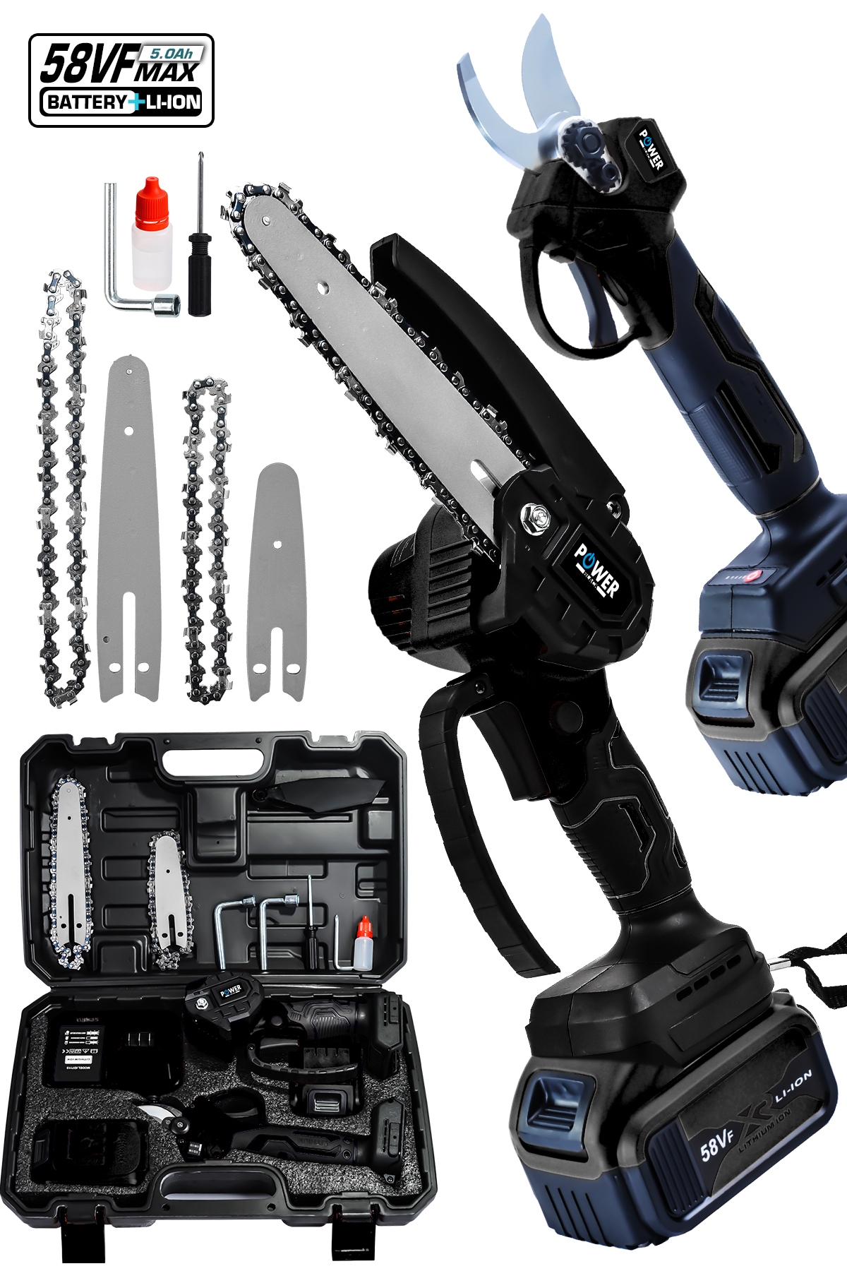 POWER BLACK 2 Li Set 58 Vf 5 Ah Çift Akülü Çelik Şanzıman Şarjlı Dal Budama &Testeresi SİYAH