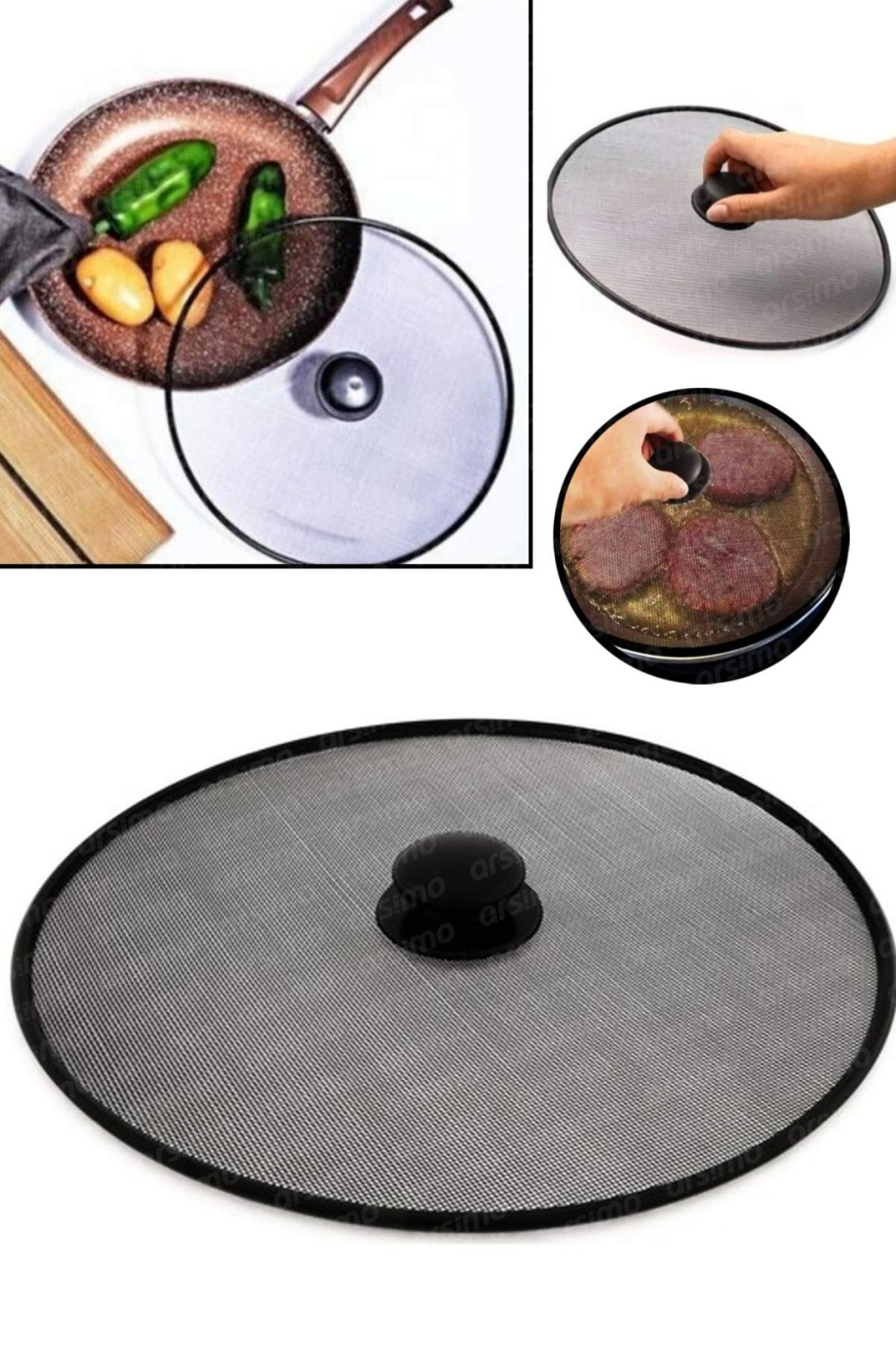 Mucha Gıdaya Uygun Paslanmaz Metal Telli Yağ Sıçratmaz Tava Kızartma Kapağı Üstten Tutmalı Tel Kapak 28 Cm